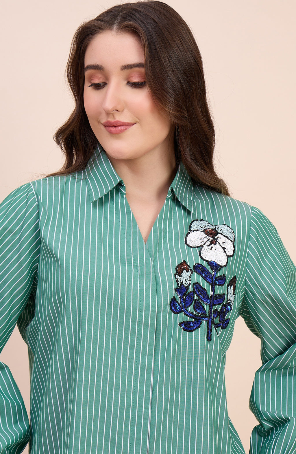 Sage Green Striped Shirt with Sequin Floral Embroidery