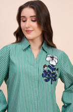 Sage Green Striped Shirt with Sequin Floral Embroidery