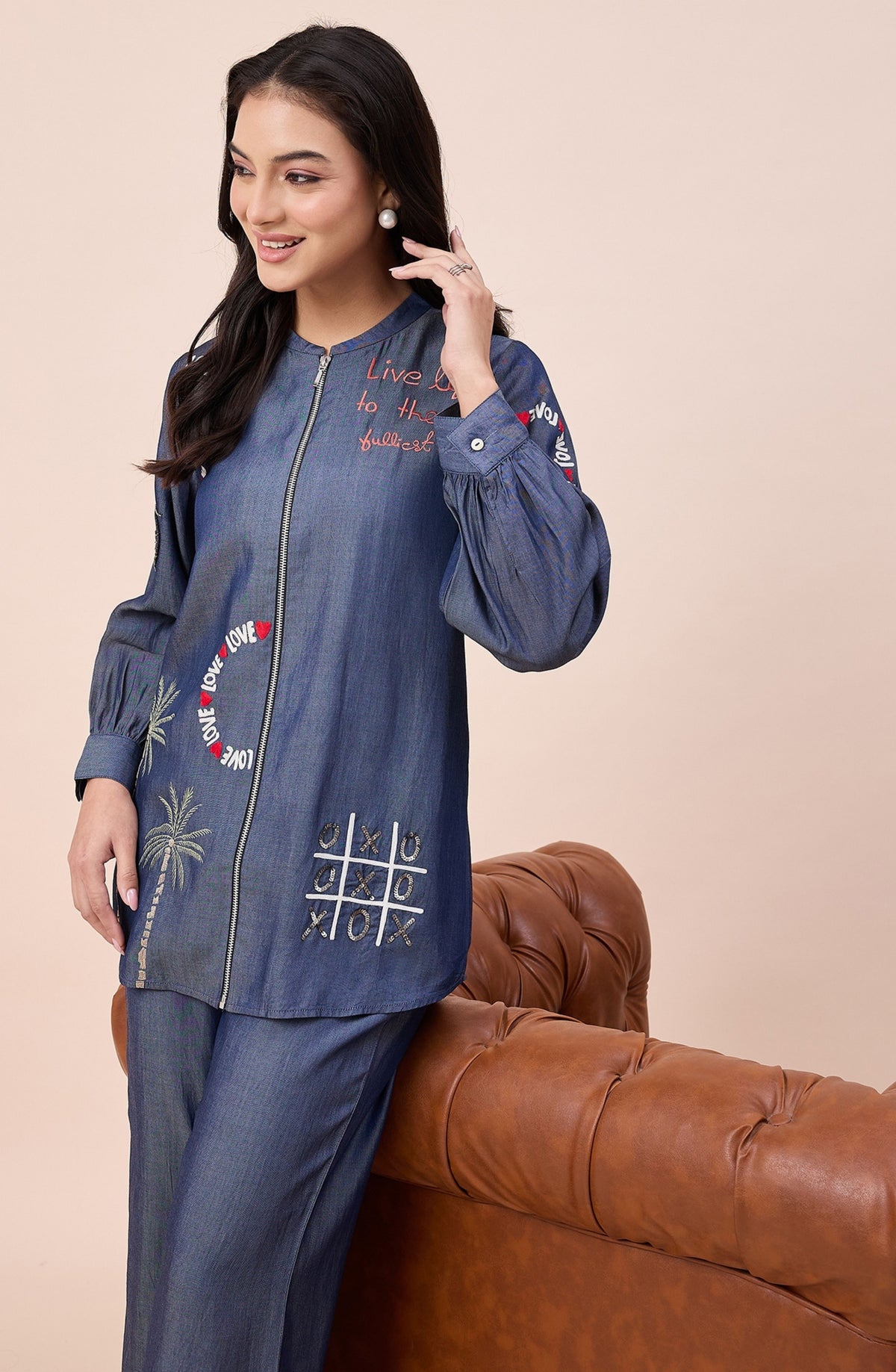 Cotton Denim Love Embellished Zipper Co-ord Set