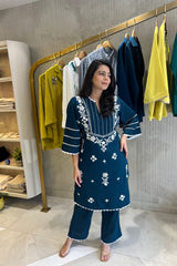 Teal Georgette Rayon Embroidered Co-ord Set