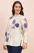 Ivory Satin Shirt with Blue Leaf Print