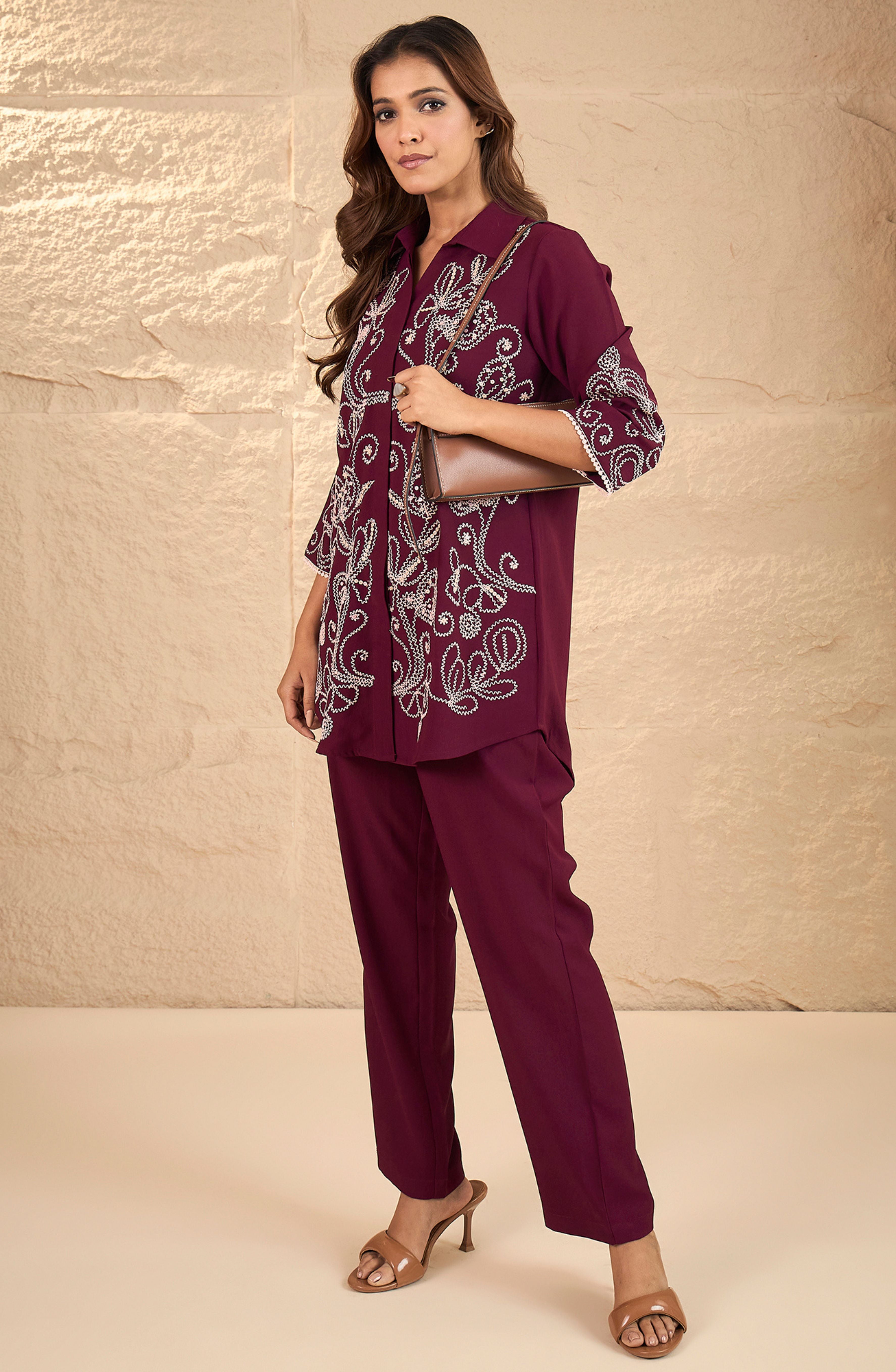 Maroon Floral Embroidered Co-Ord