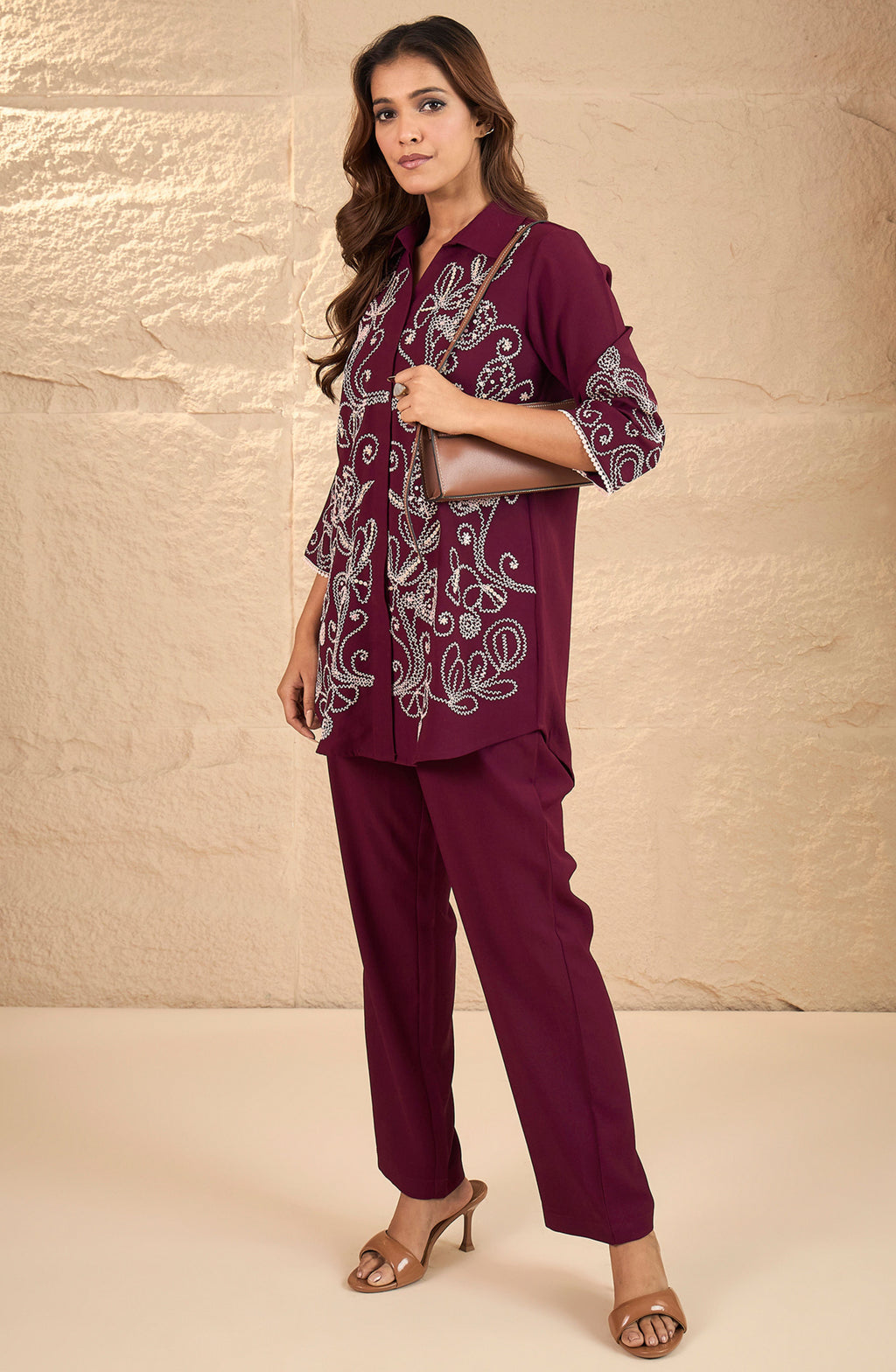 Maroon Floral Embroidered Co-Ord