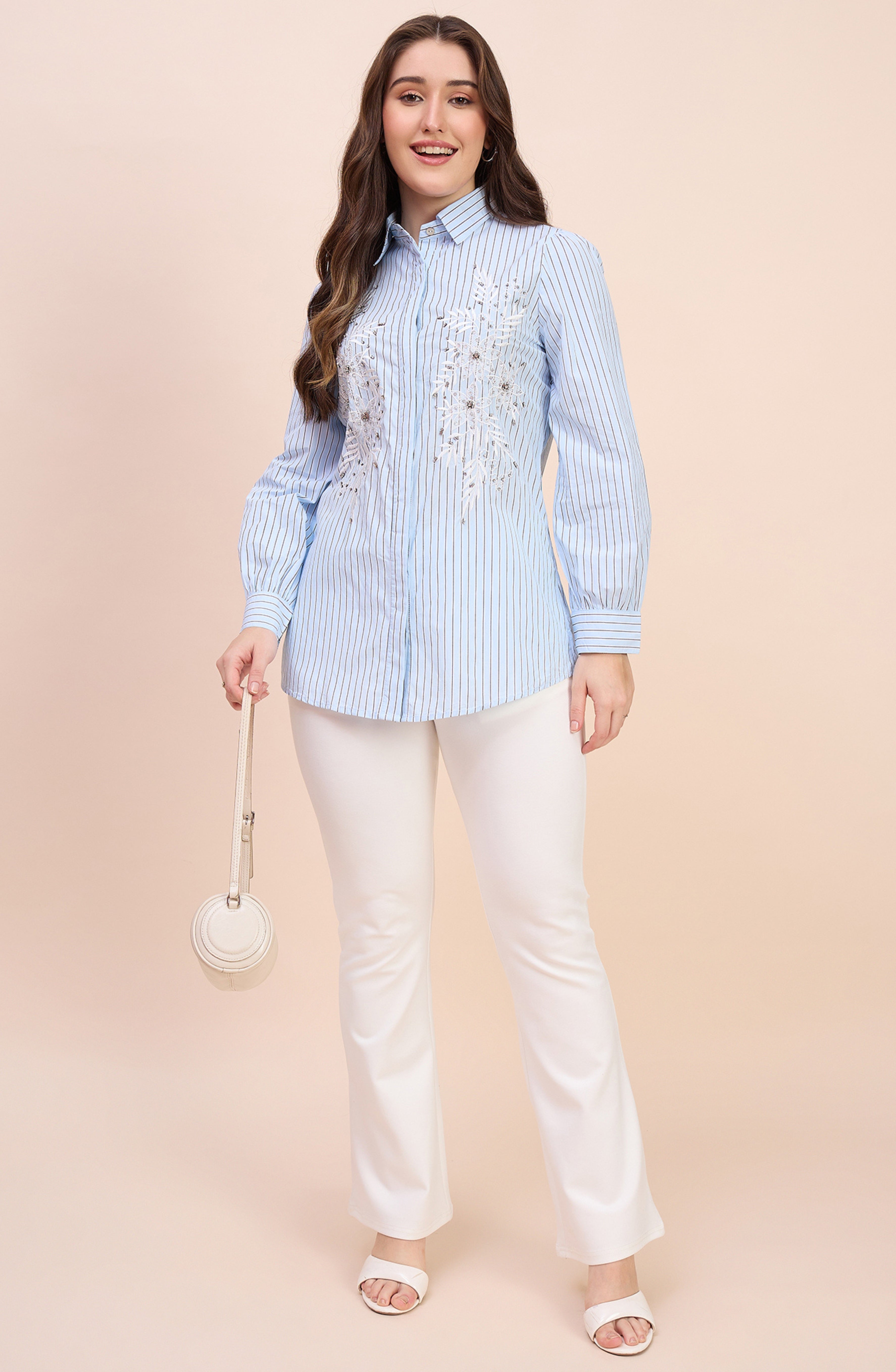 Sky Blue Striped Shirt with Beaded Floral Embroidery