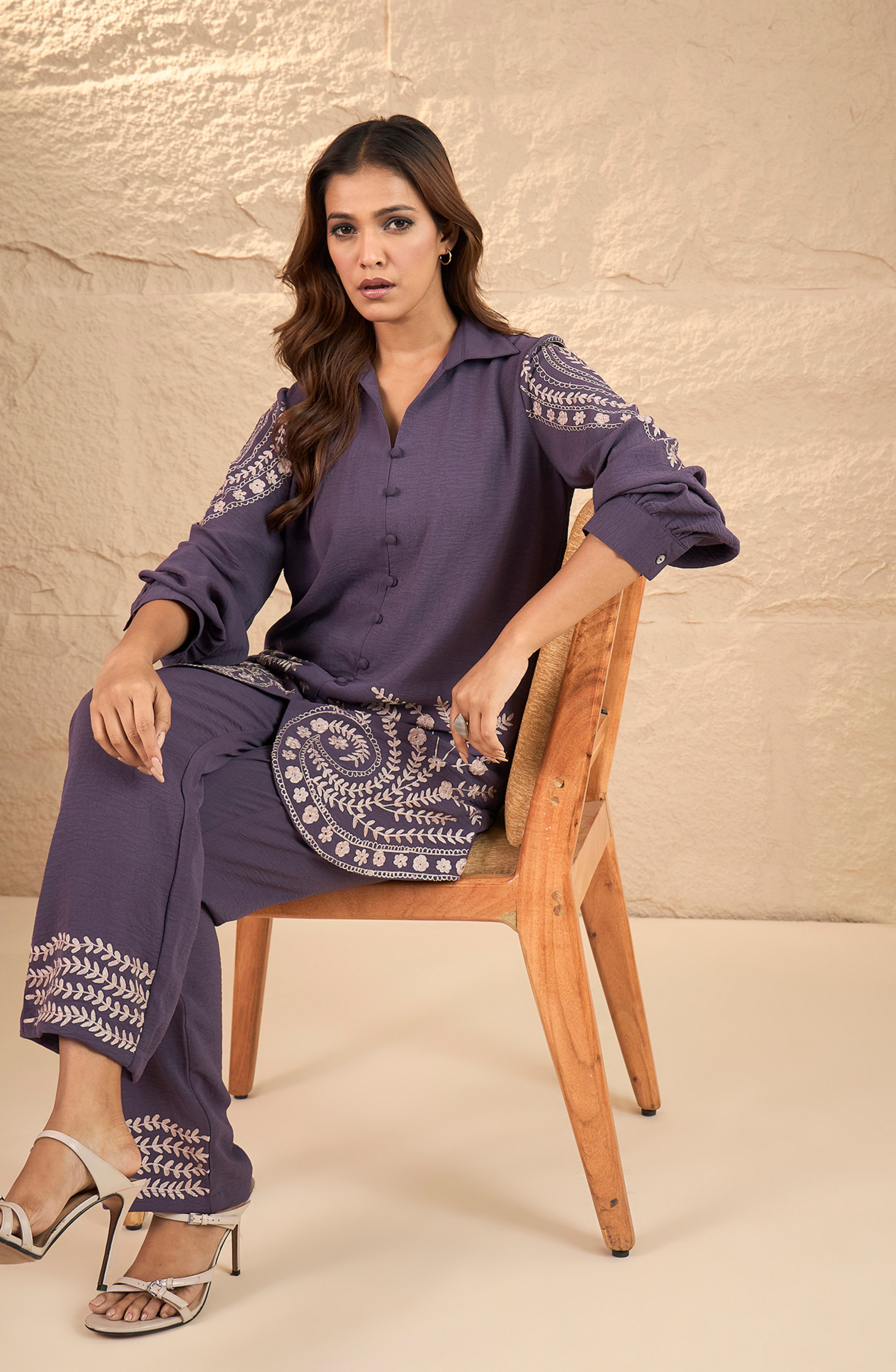 Purple Beige Aari Embroidery Co-Ord Set