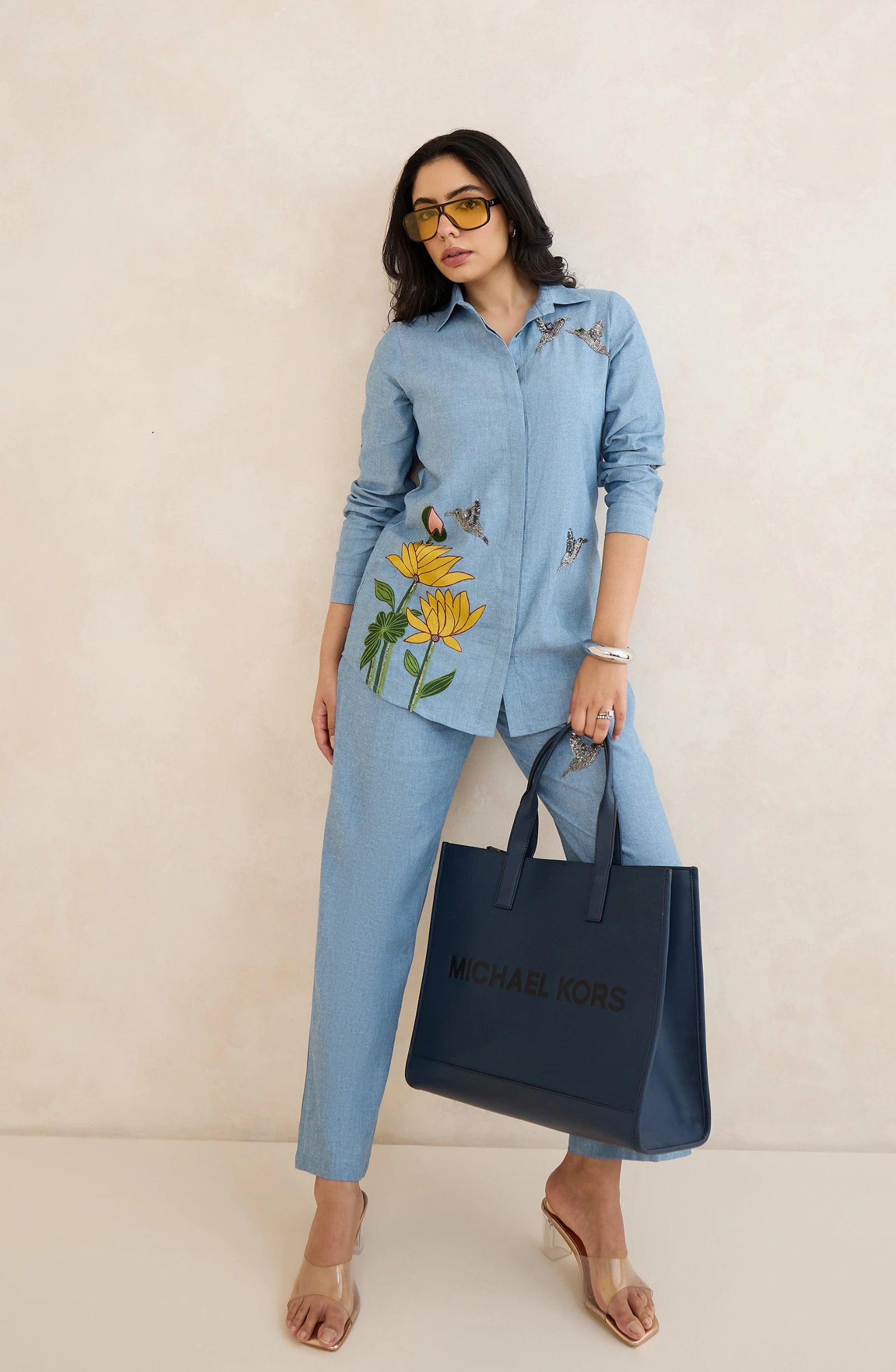 Sky Blue Floral Bird Embellished Co-Ord Set