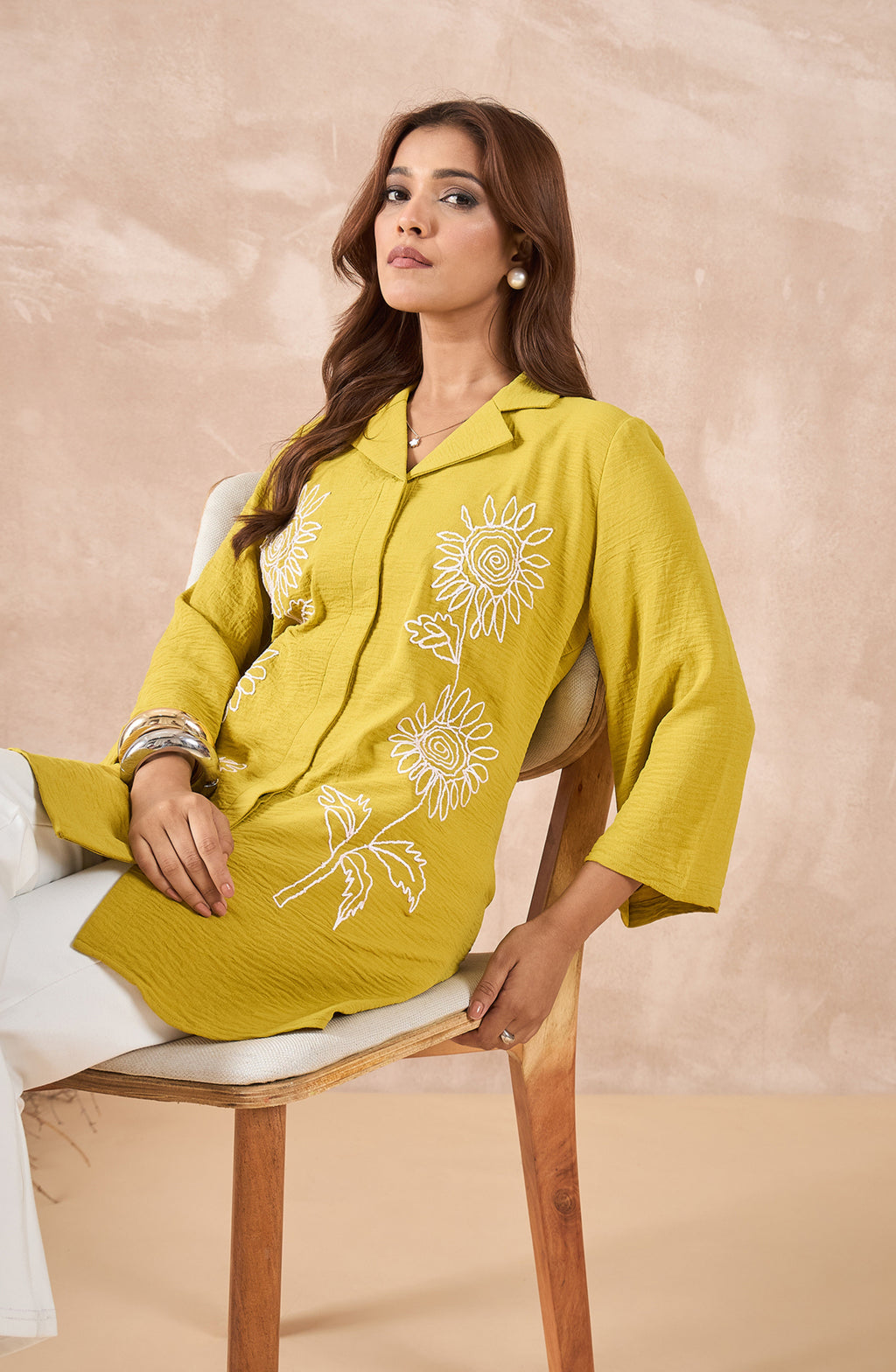 Mustard Yellow Longline Shirt with Sunflower Embroidery