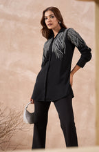 Black Shirt with Silver Metallic Fringe Embroidery
