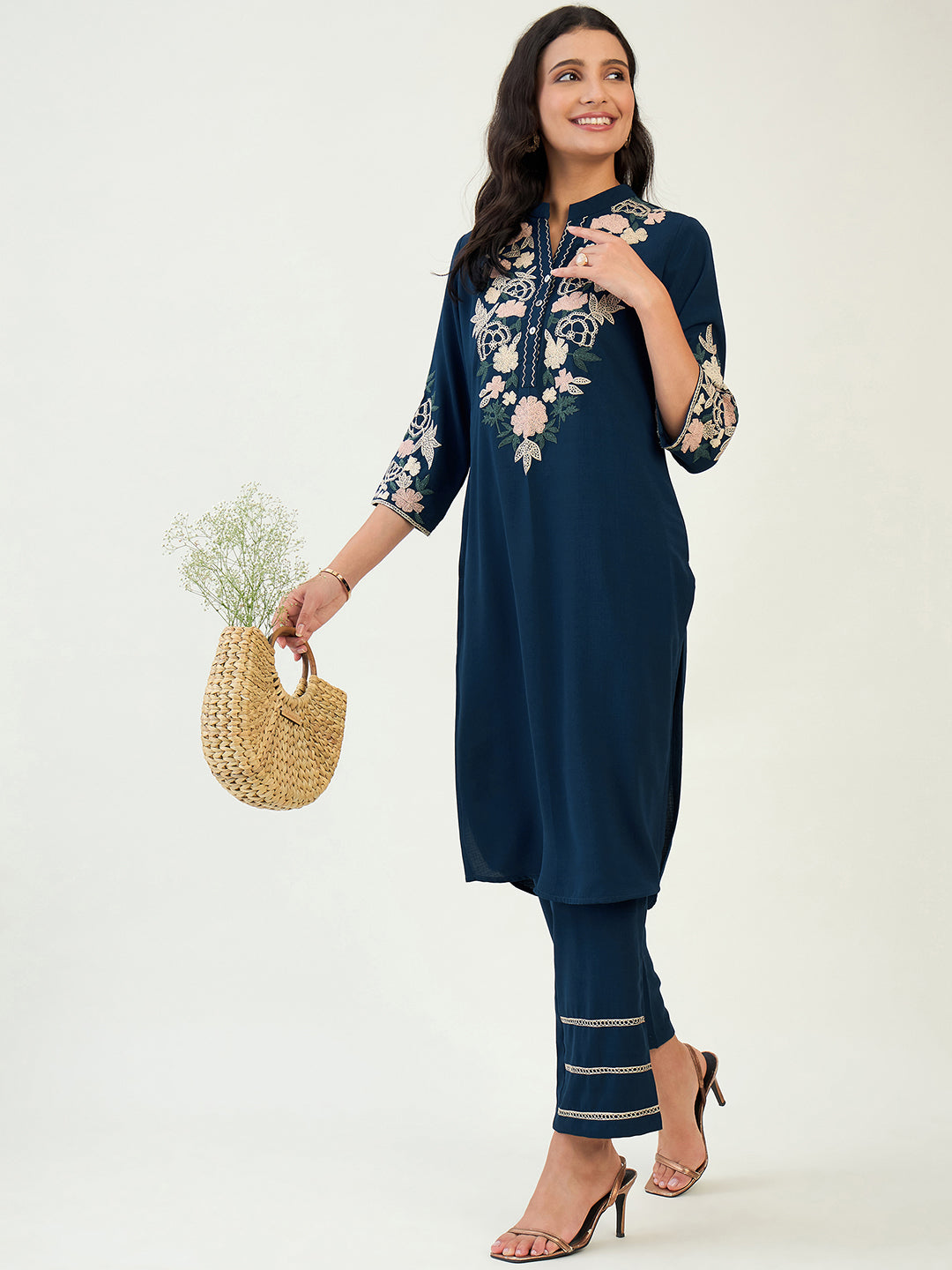 Teal Embroidered kurta set