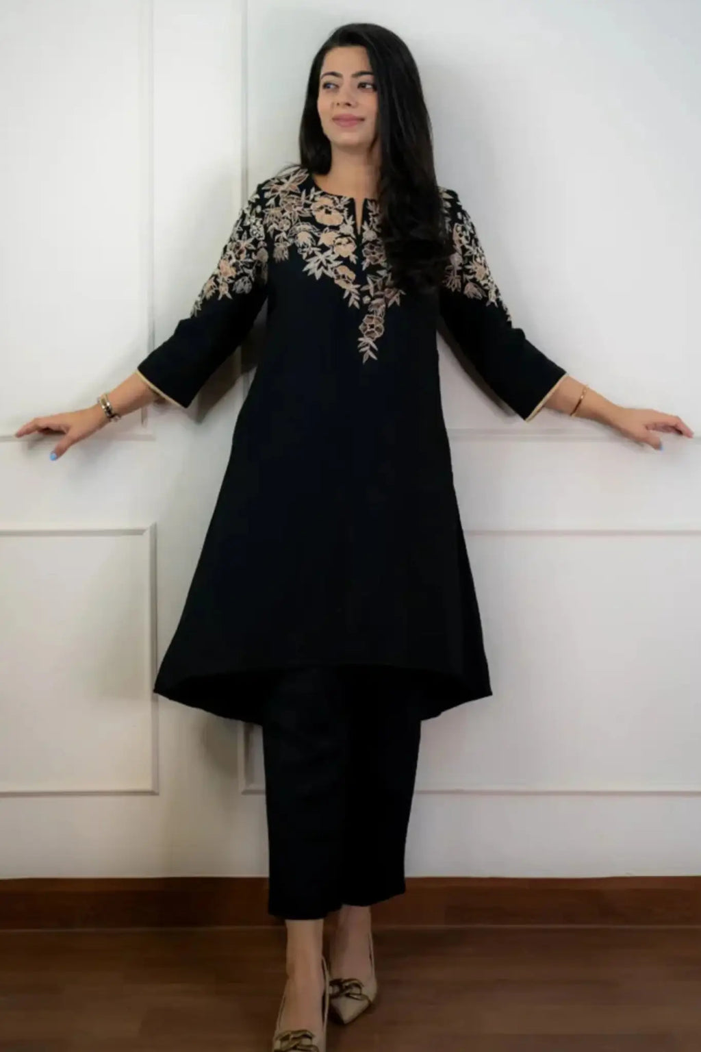 Black Embroidered Cotton Co-ord Set