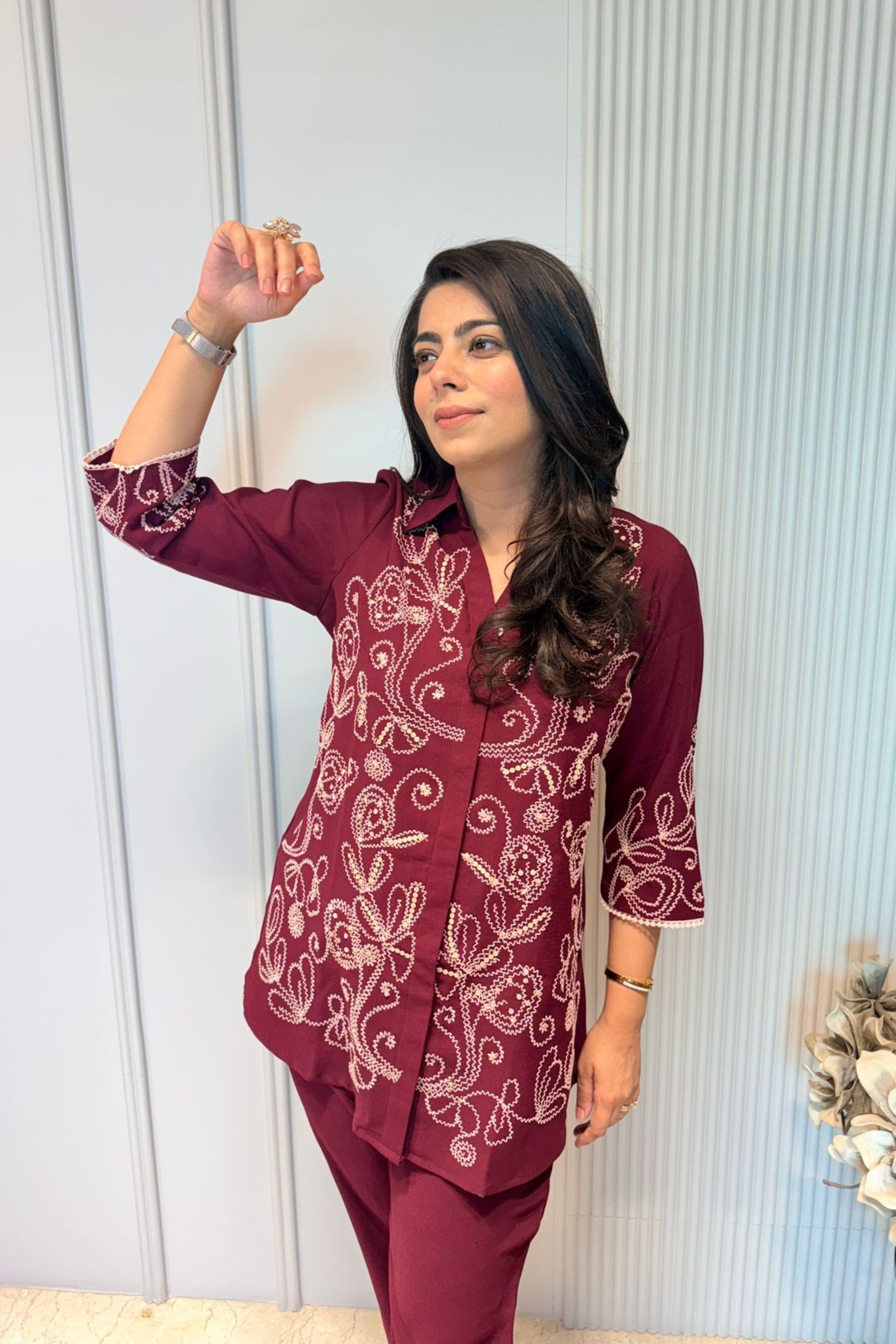 Maroon Floral Embroidered Co-Ord