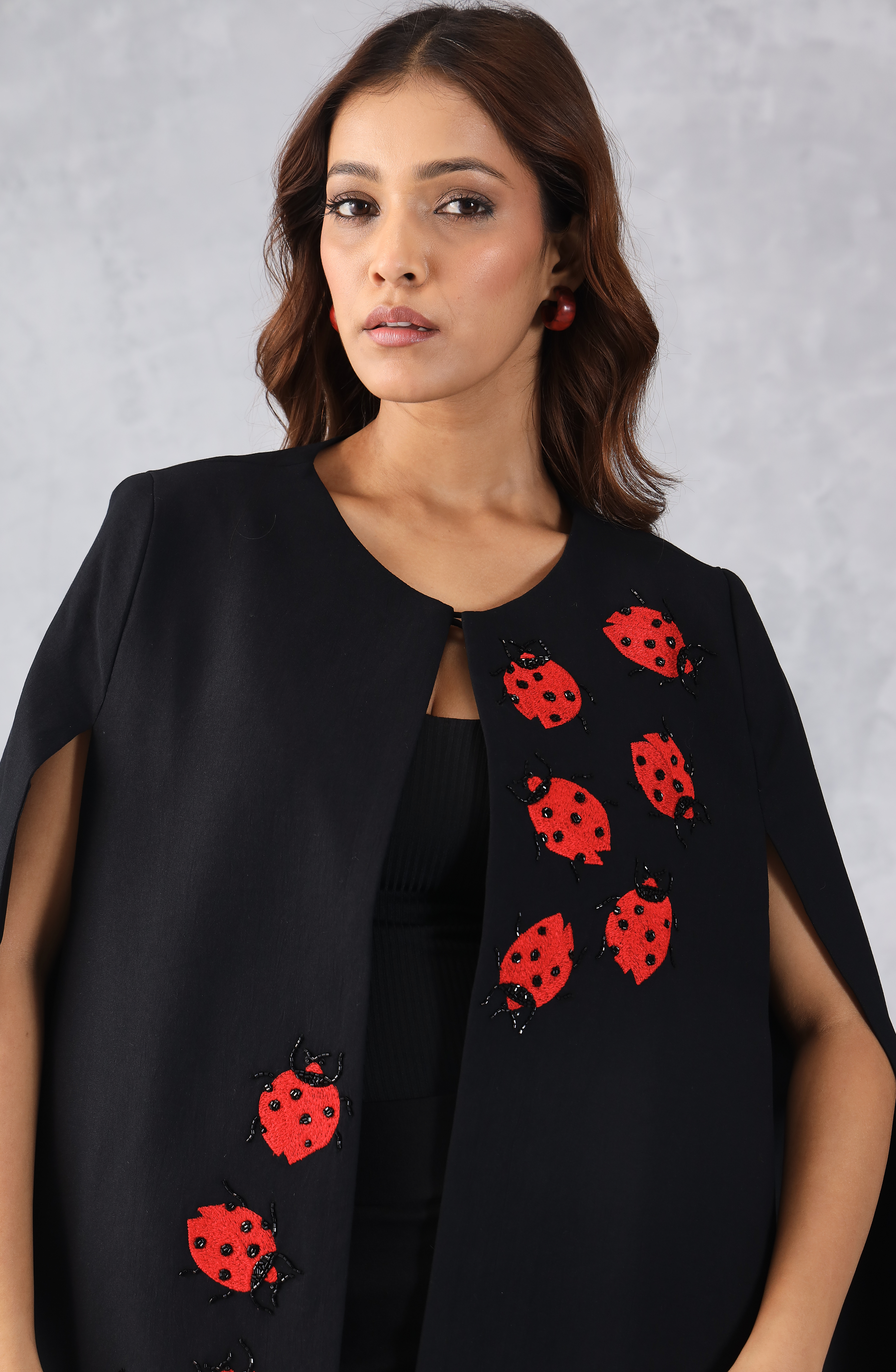 Black Formal Cape with Red Contrast Embroidery