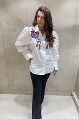 White Puff Sleeves Floral Embellished Shirt