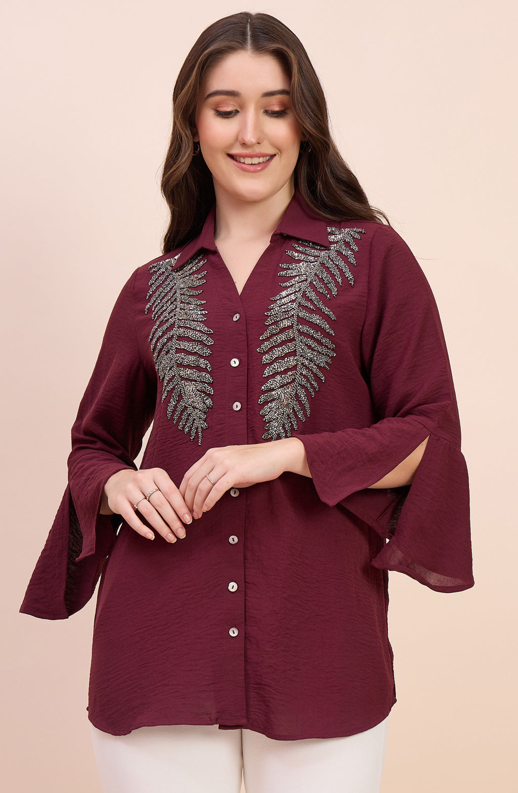 Maroon Shirt with Metallic Beaded Fern Embroidery