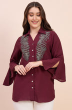 Maroon Shirt with Metallic Beaded Fern Embroidery