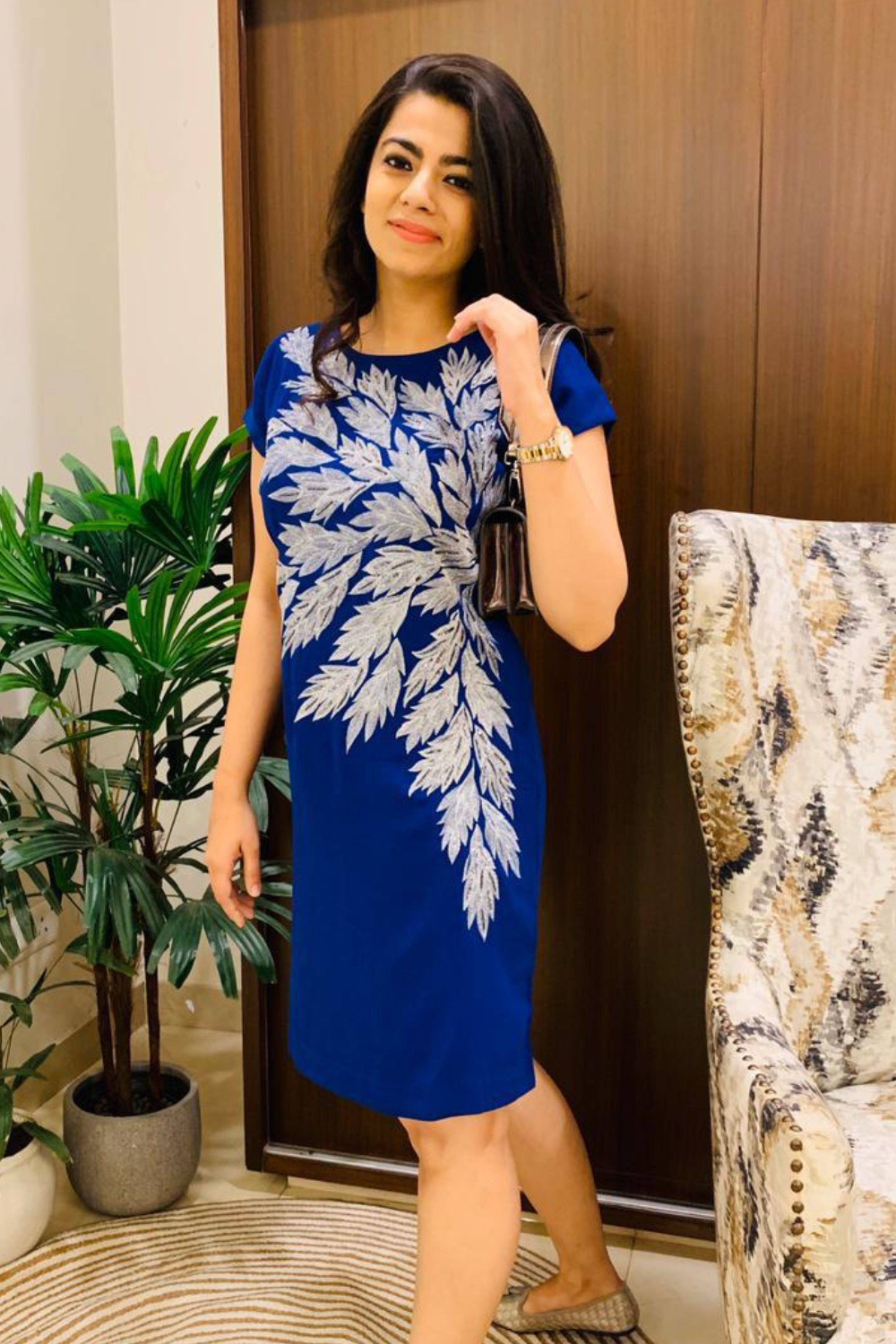 Blue Leaf Embroidered Dress