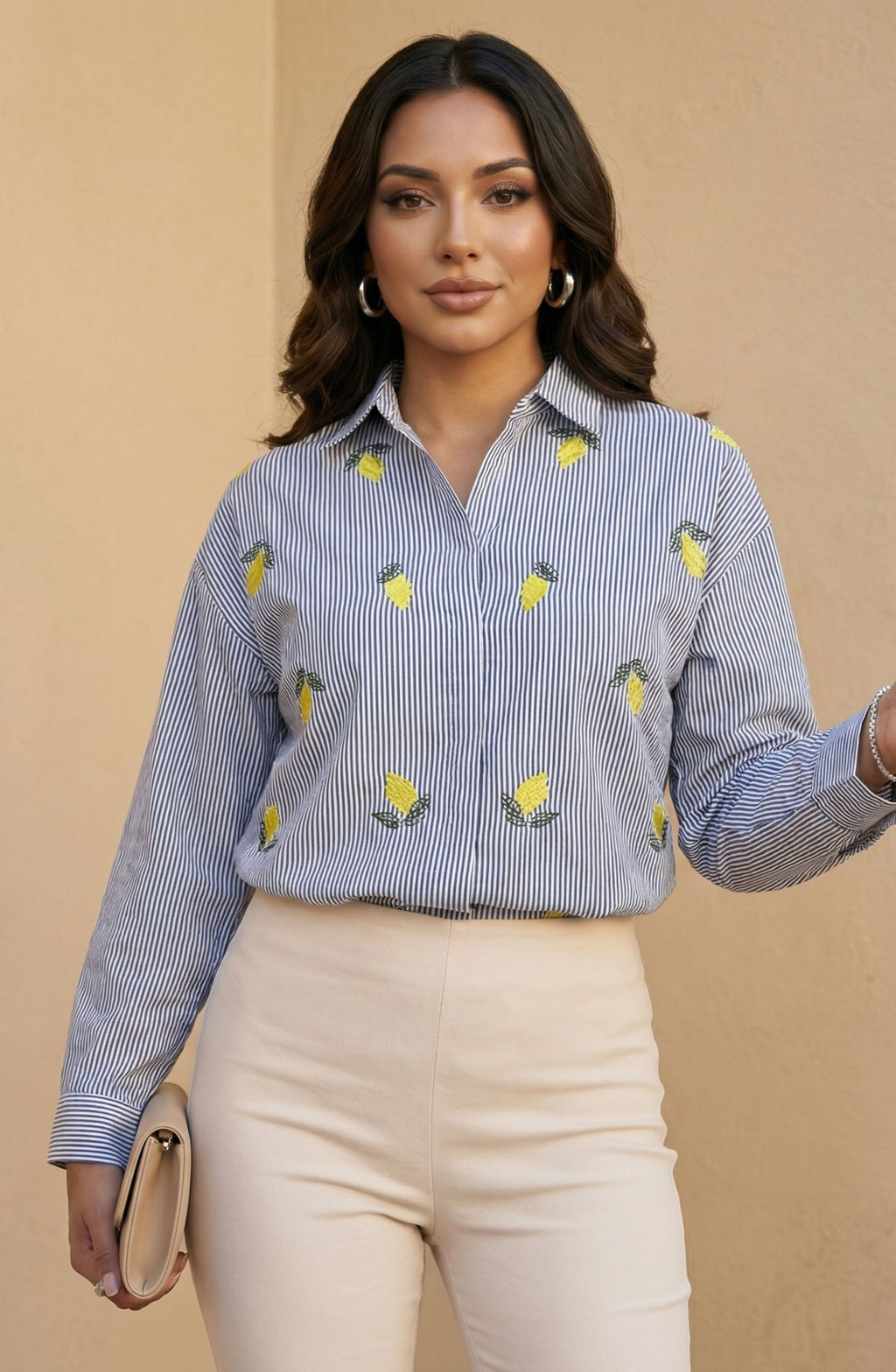 Grey Stripe Lemon Embroidered Cotton Shirt