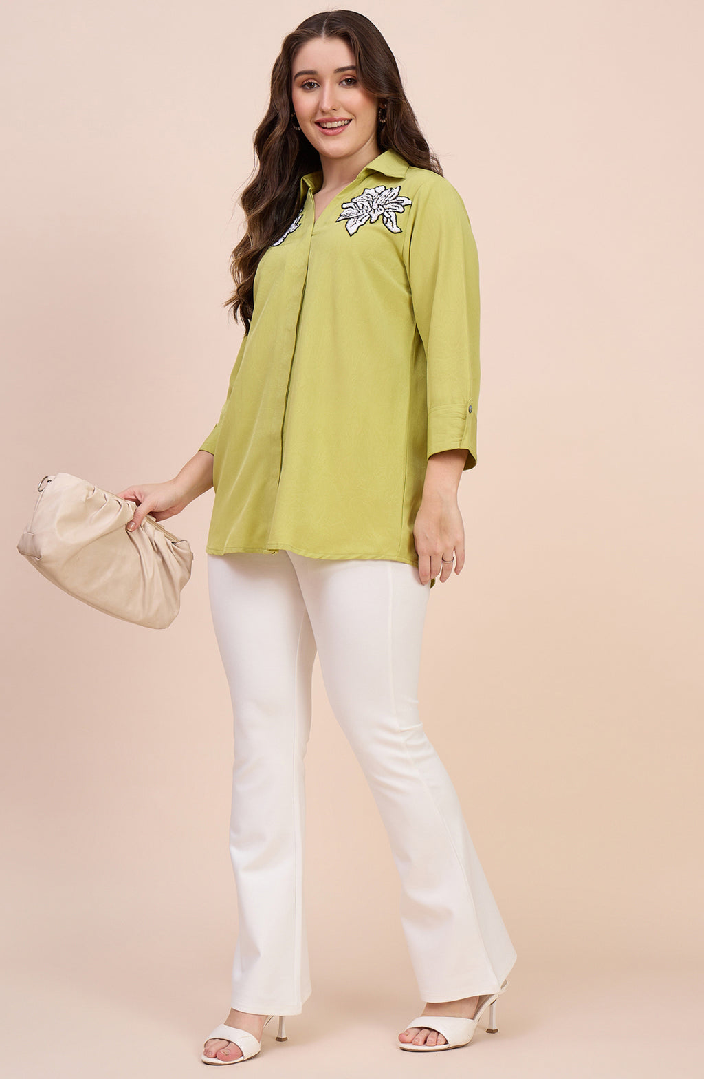 Lime Green Shirt with Sequin Floral Applique