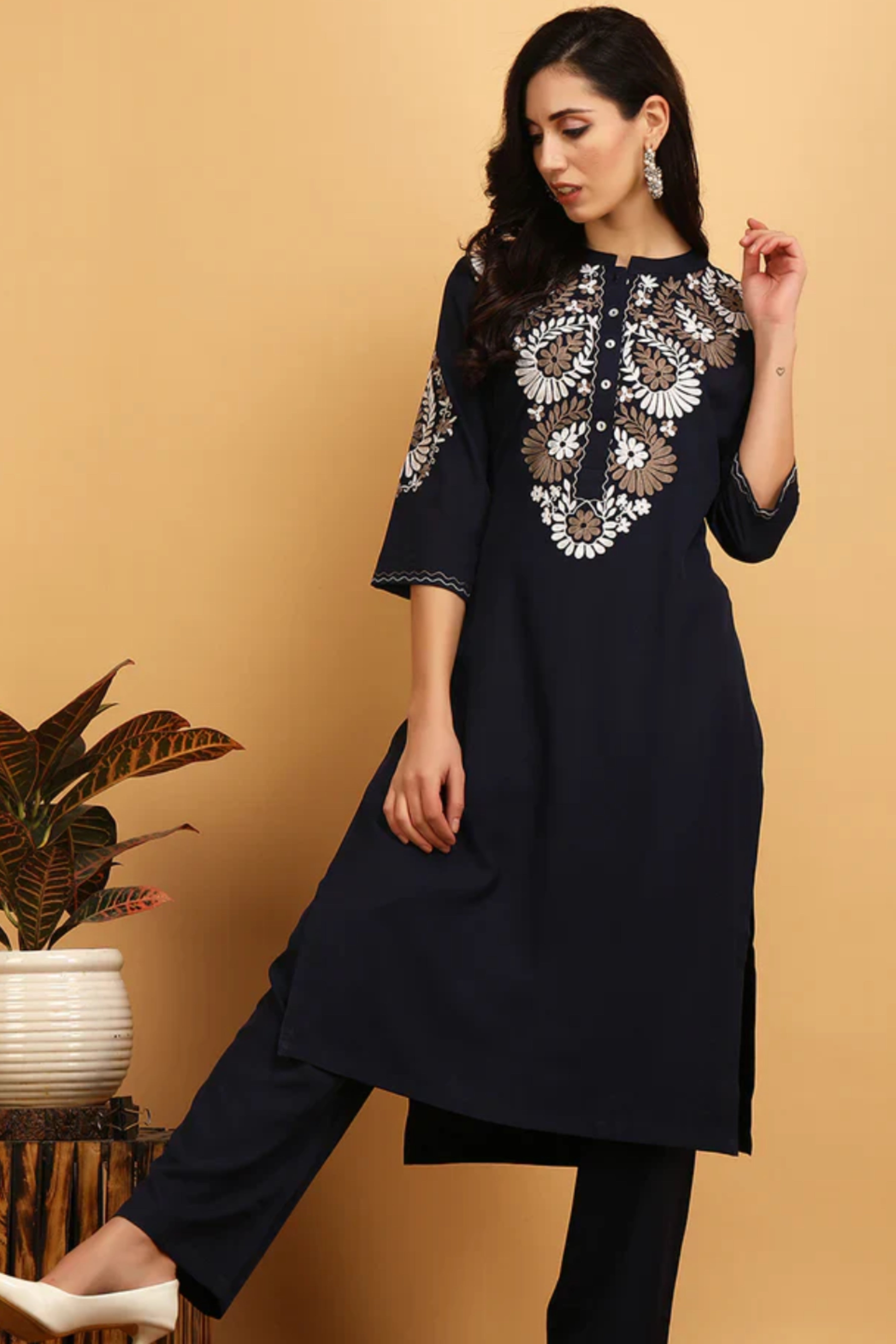 Navy Blue Embroidered Kurta Set
