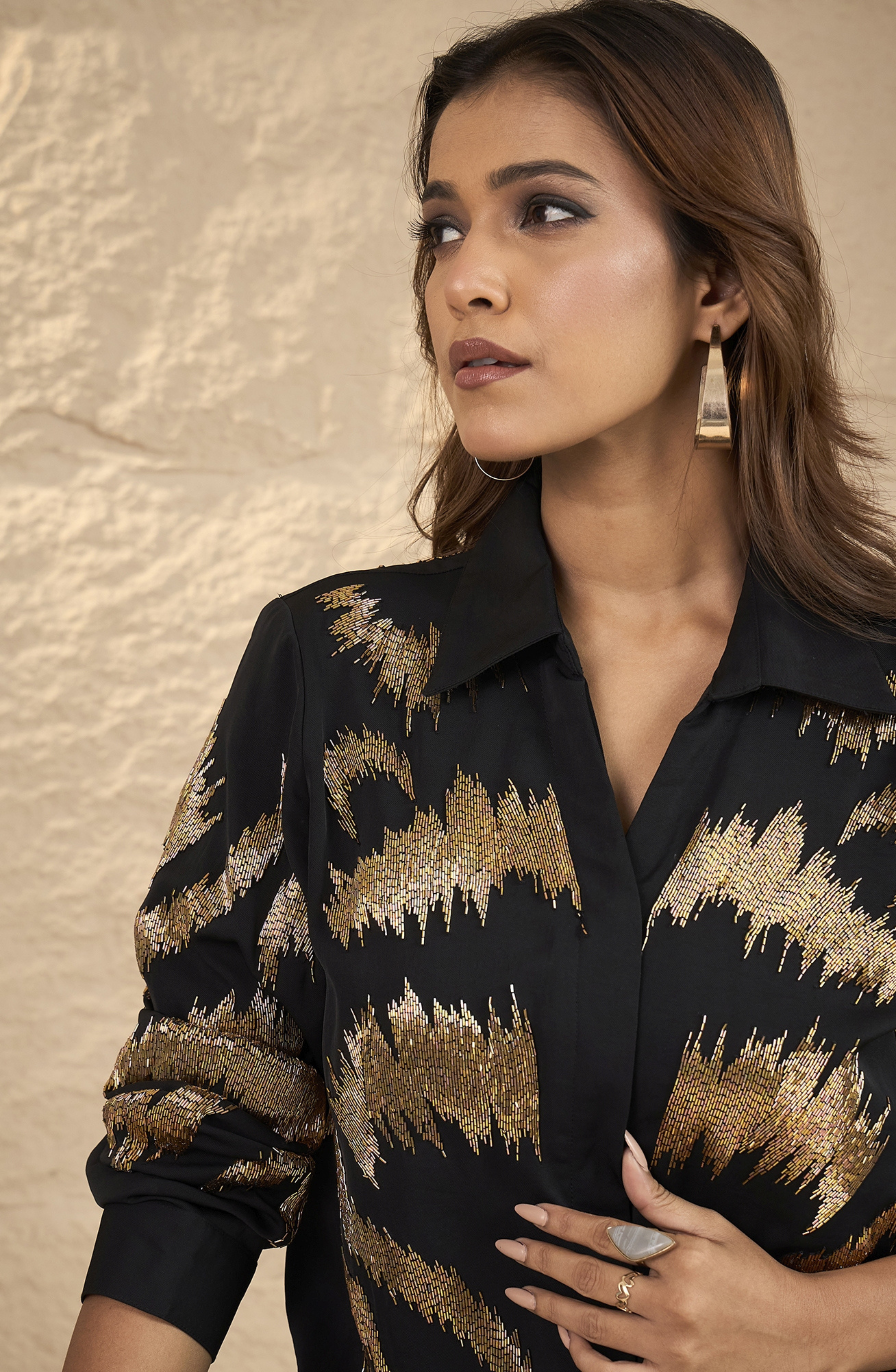 Midnight Black and Gold Embellished Shirt