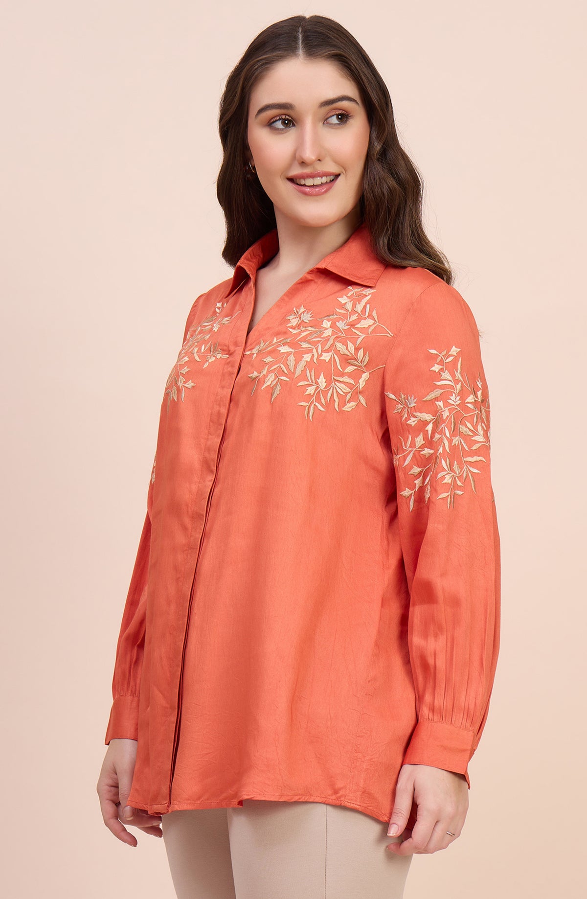 Rust Orange Shirt with Golden Vine Embroidery