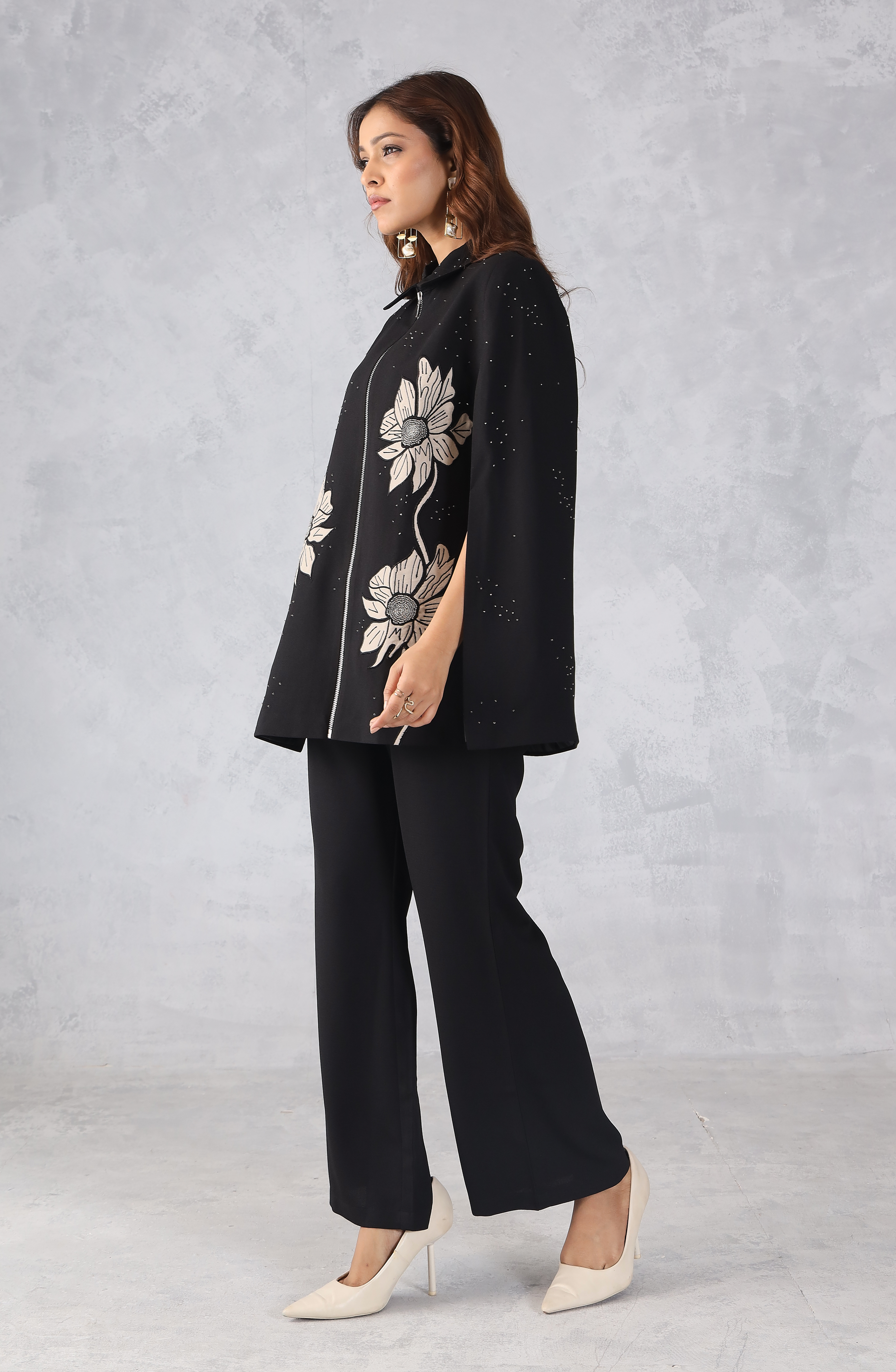 Black Embroidered Cape Style Co-Ord Set