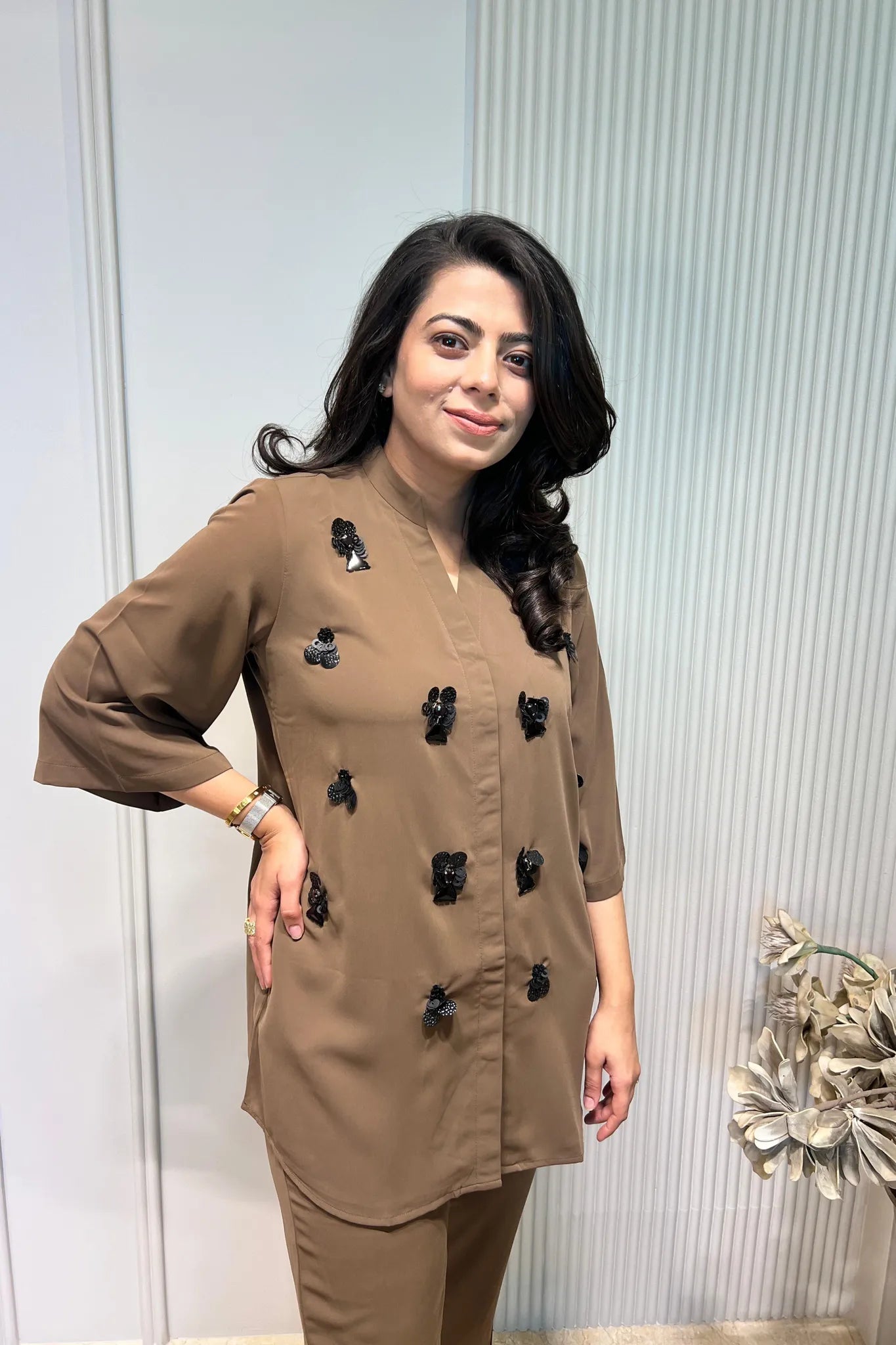Beige 3d Motif Co-ord Set