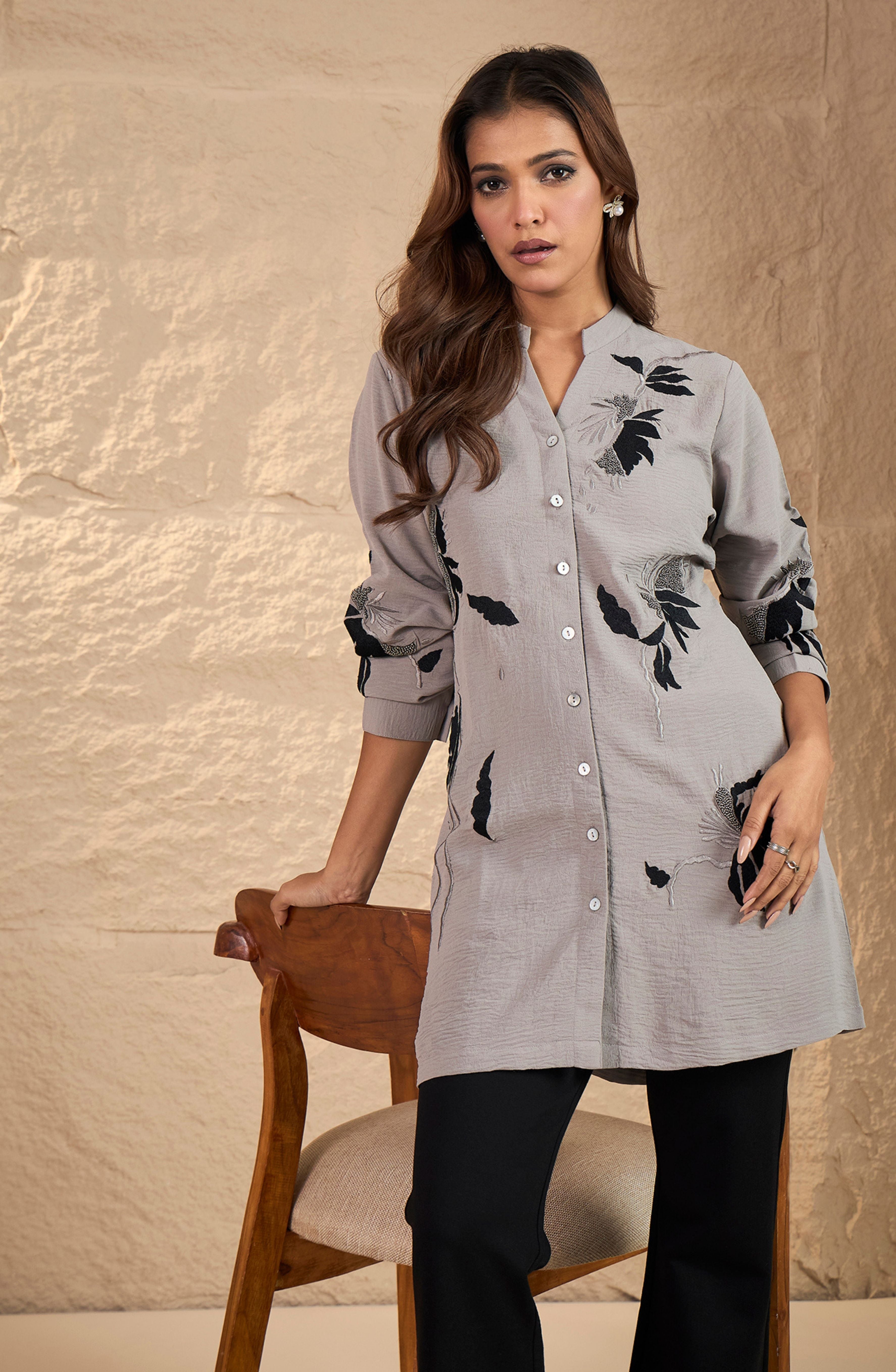 Dull Grey Black Embroidered Shirt
