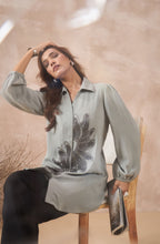 Sage Grey Shirt with Metallic Beaded Sunflower Motif