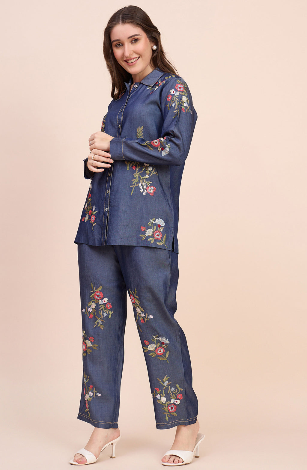 Denim Floral Embroidered Co-ord Set
