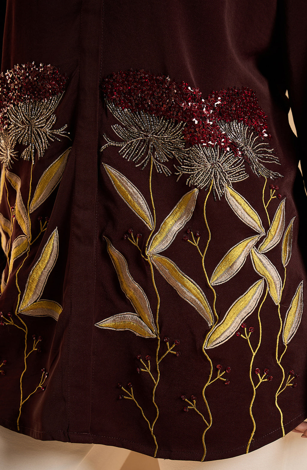 Deep Brown Shirt with Metallic Botanical Embroidery