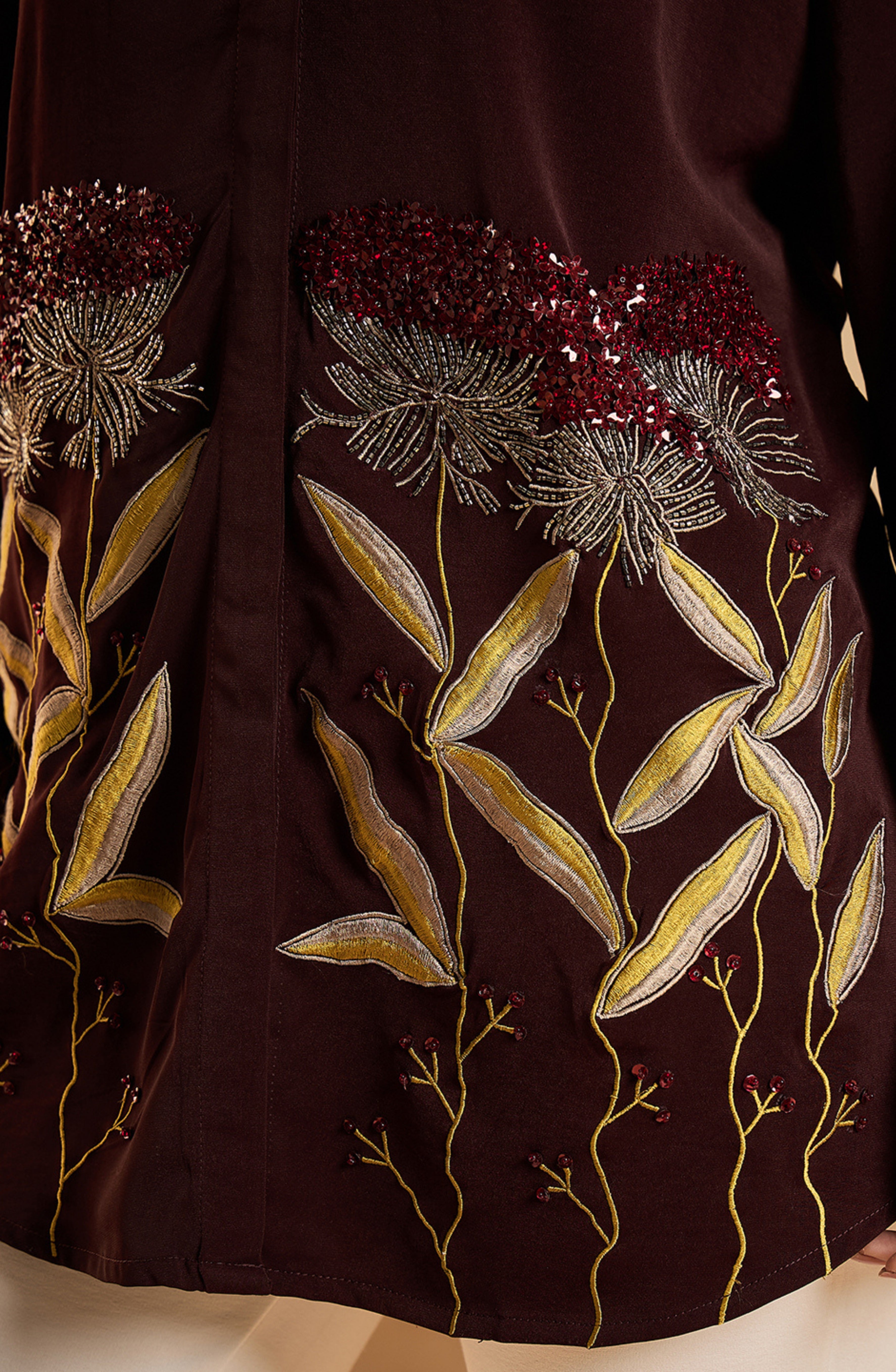 Deep Brown Shirt with Metallic Botanical Embroidery