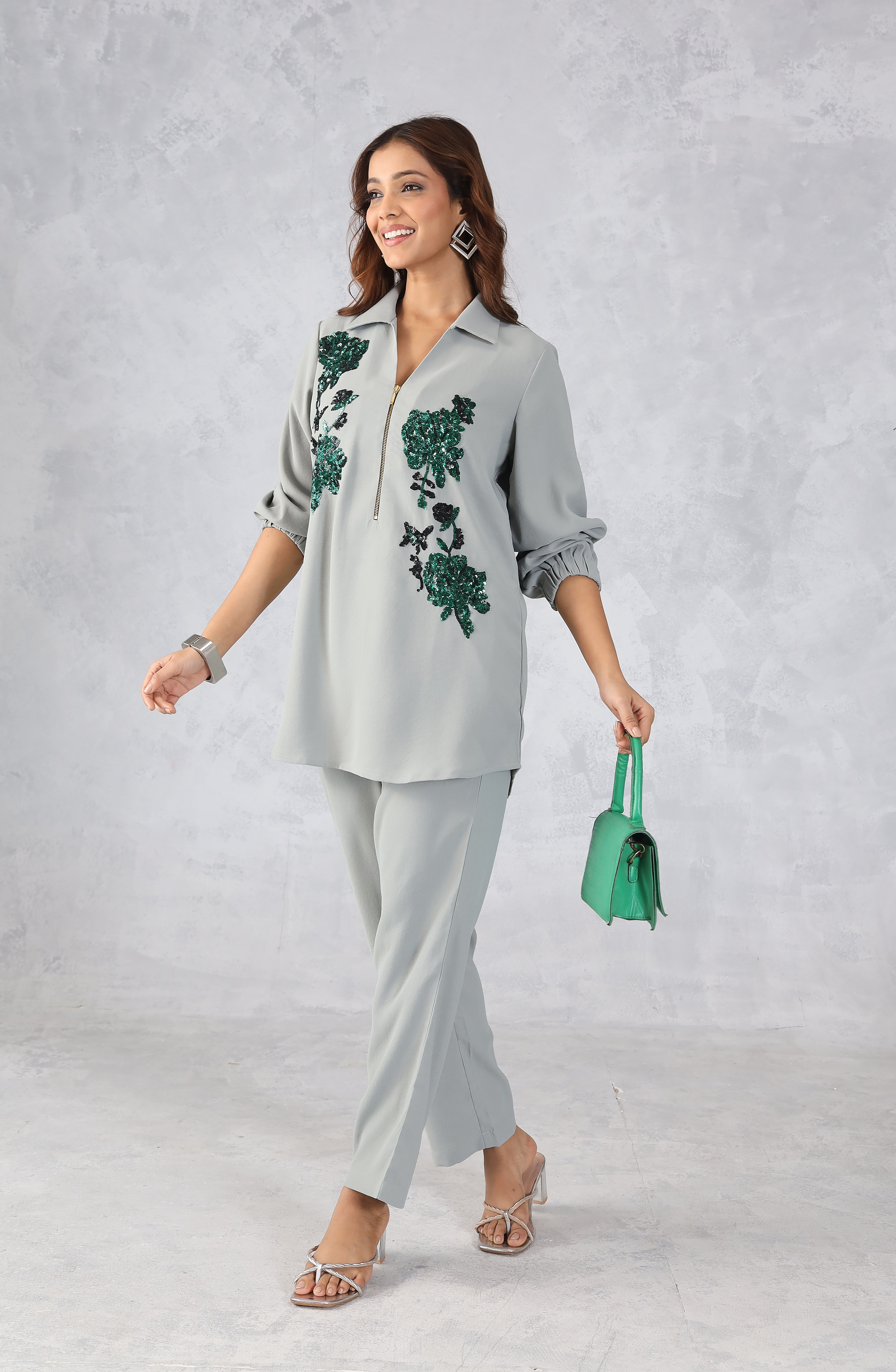Elegant Sage Grey Embellished Co-Ord Set for Women