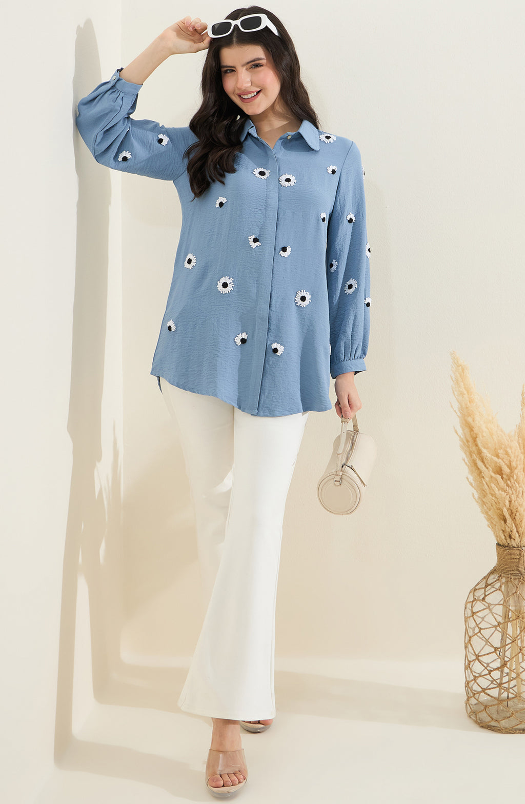 Denim Blue Shirt with Scattered Daisy Embroidery