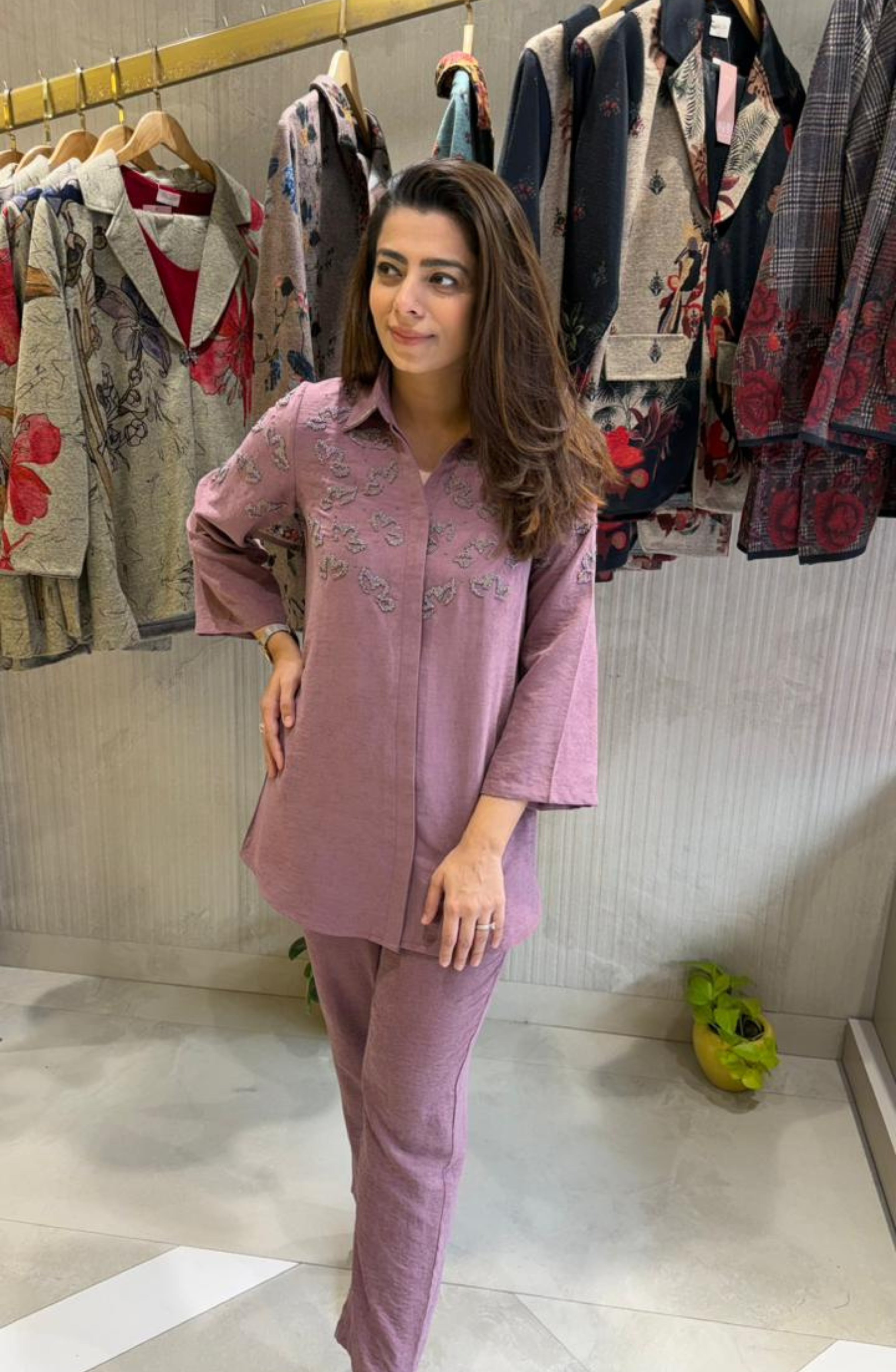 Pastel Pink Embellished Suede Co-Ord Set