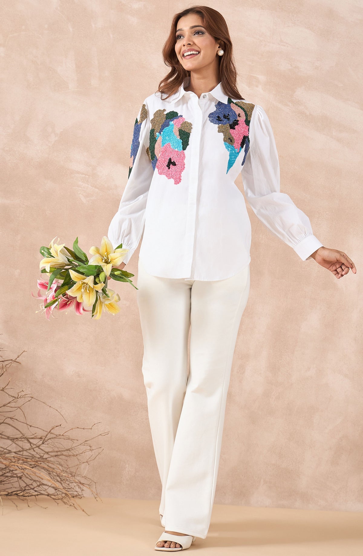 White Shirt with Multicolour Sequin Applique