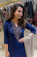 Navy Blue Velvet Embellished Kurta Set