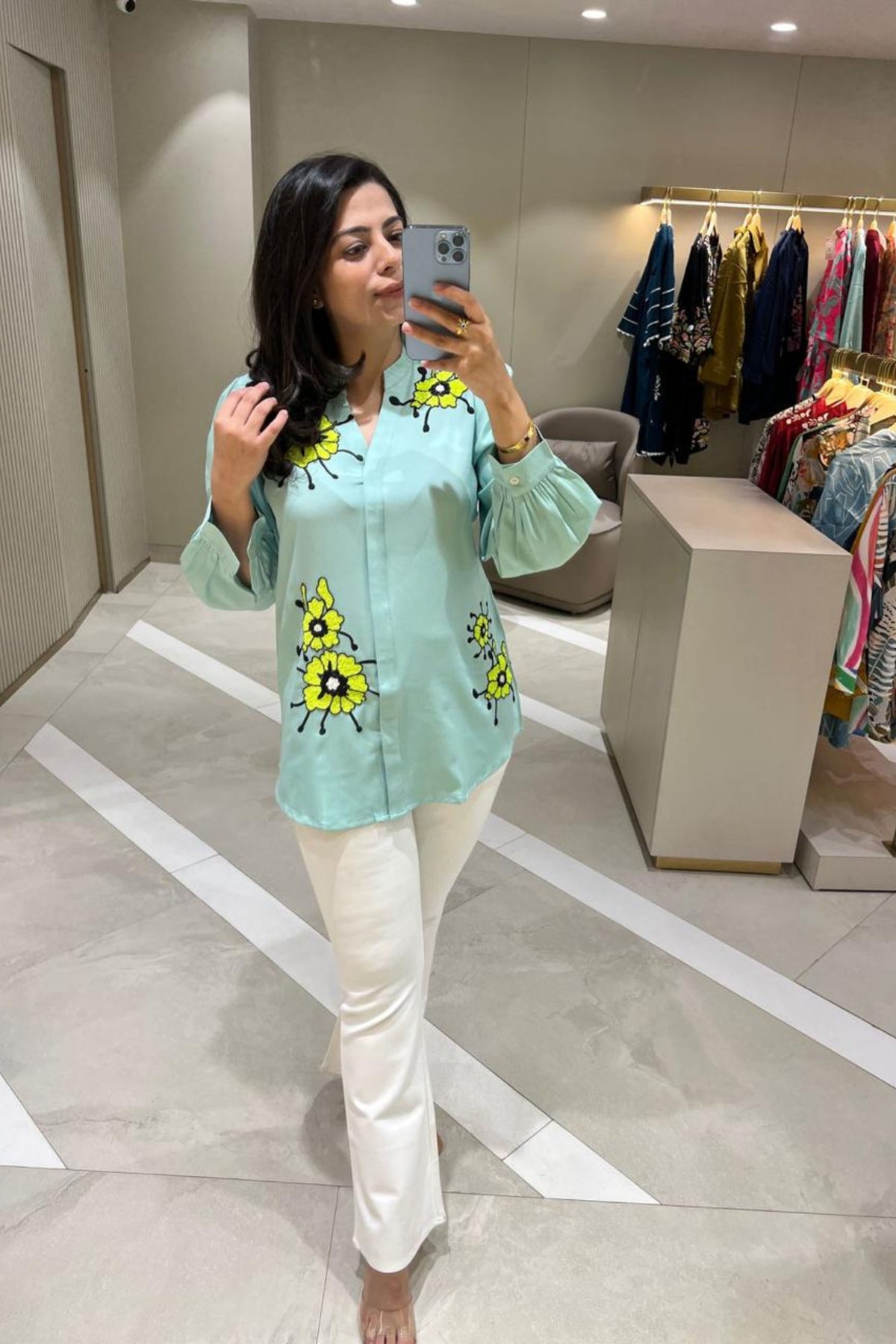 Mint Green Floral Embroidered shirt