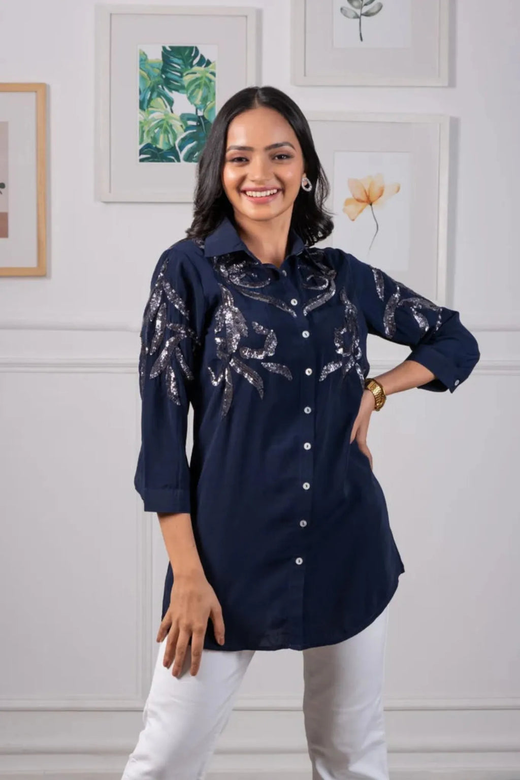 Navy Blue Sequin Shirt