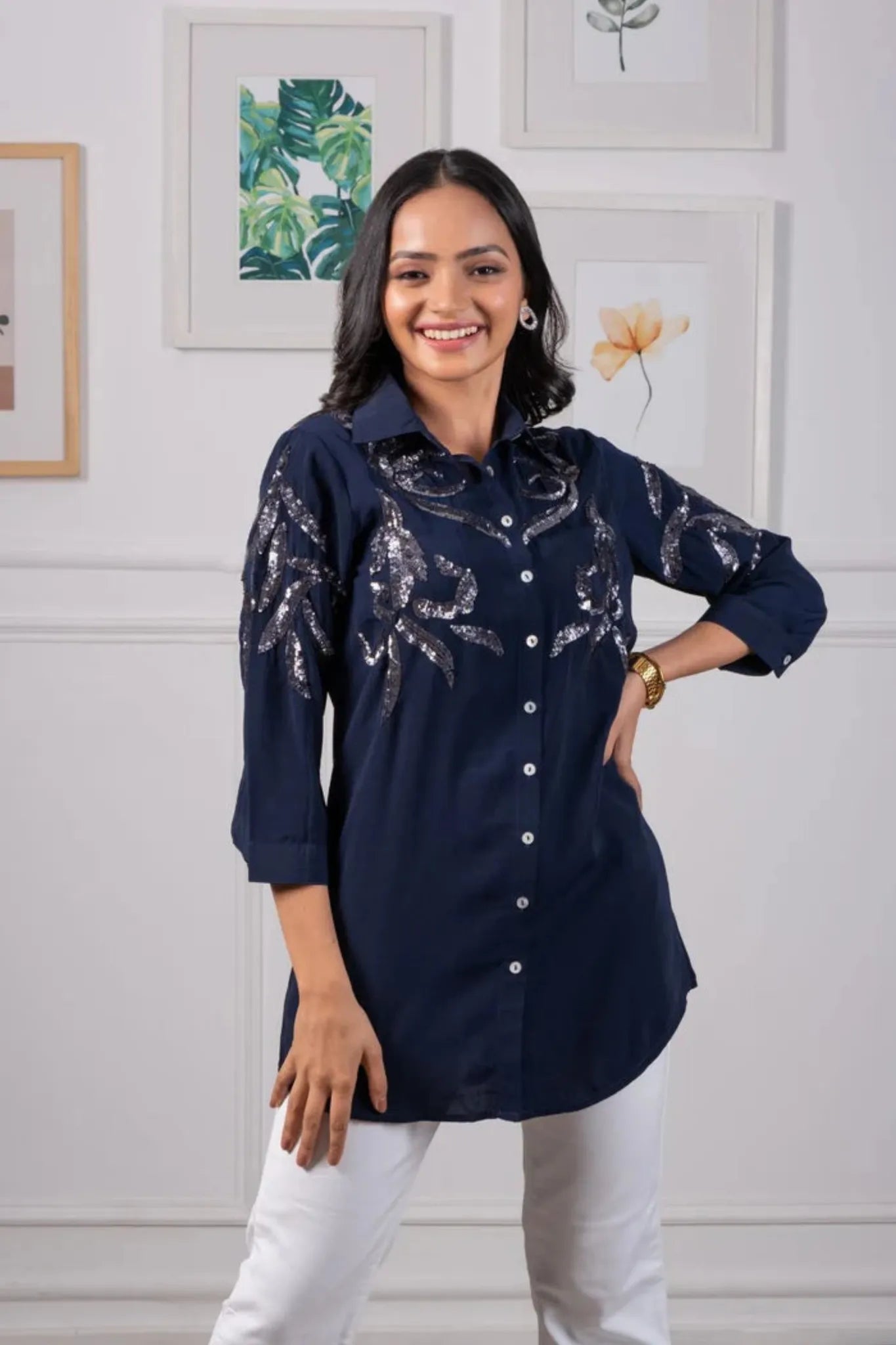 Navy Blue Sequin Shirt