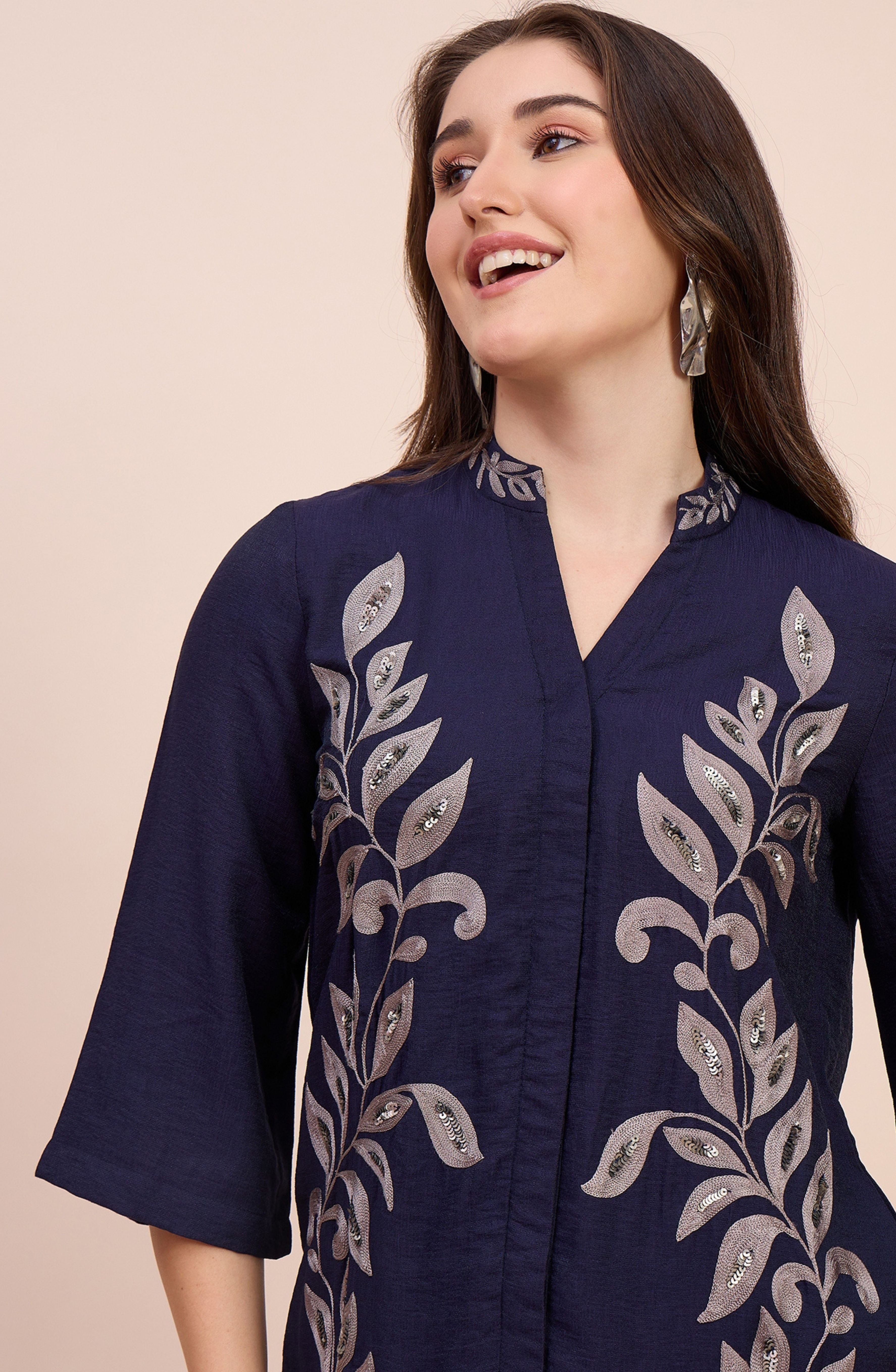 Navy Blue Co-ord Set with Beaded Leaf Embroidery