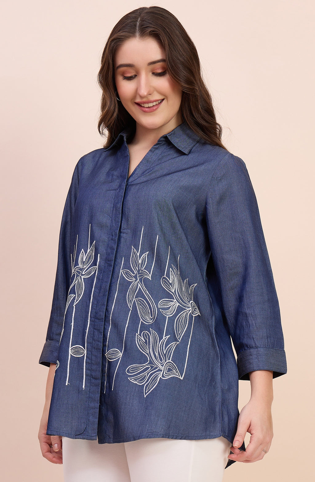 Denim Blue Shirt with Linear Floral Embroidery