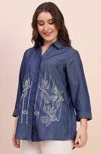 Denim Blue Shirt with Linear Floral Embroidery