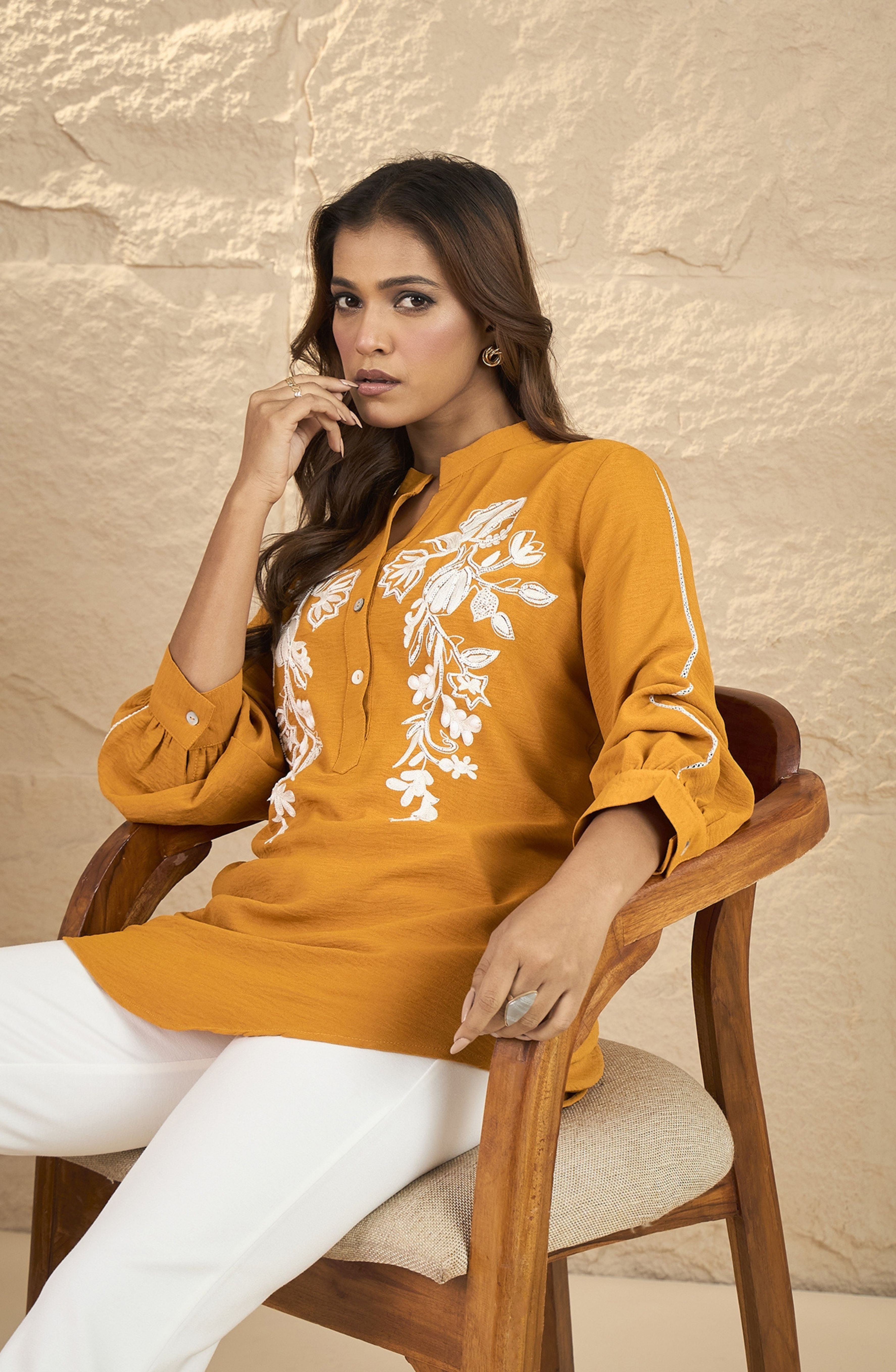 Mustard Floral Embroidered Shirt