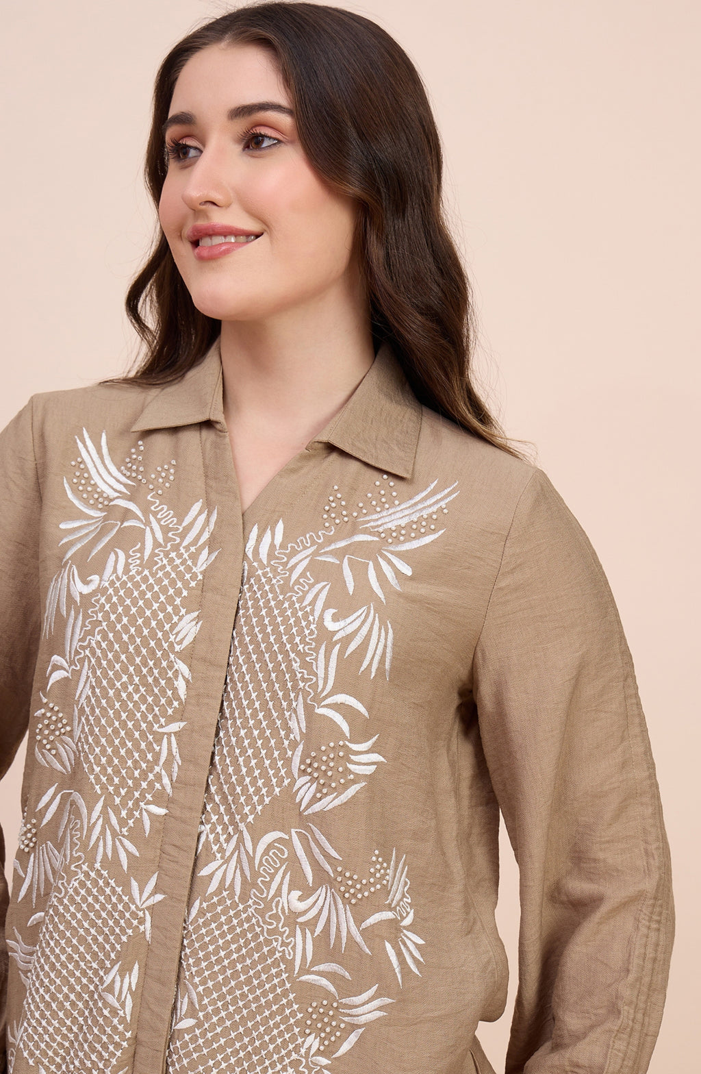 Beige Shirt with White Lattice Floral Embroidery
