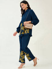 Navy Blue Leaf Embroidered Co-ord set