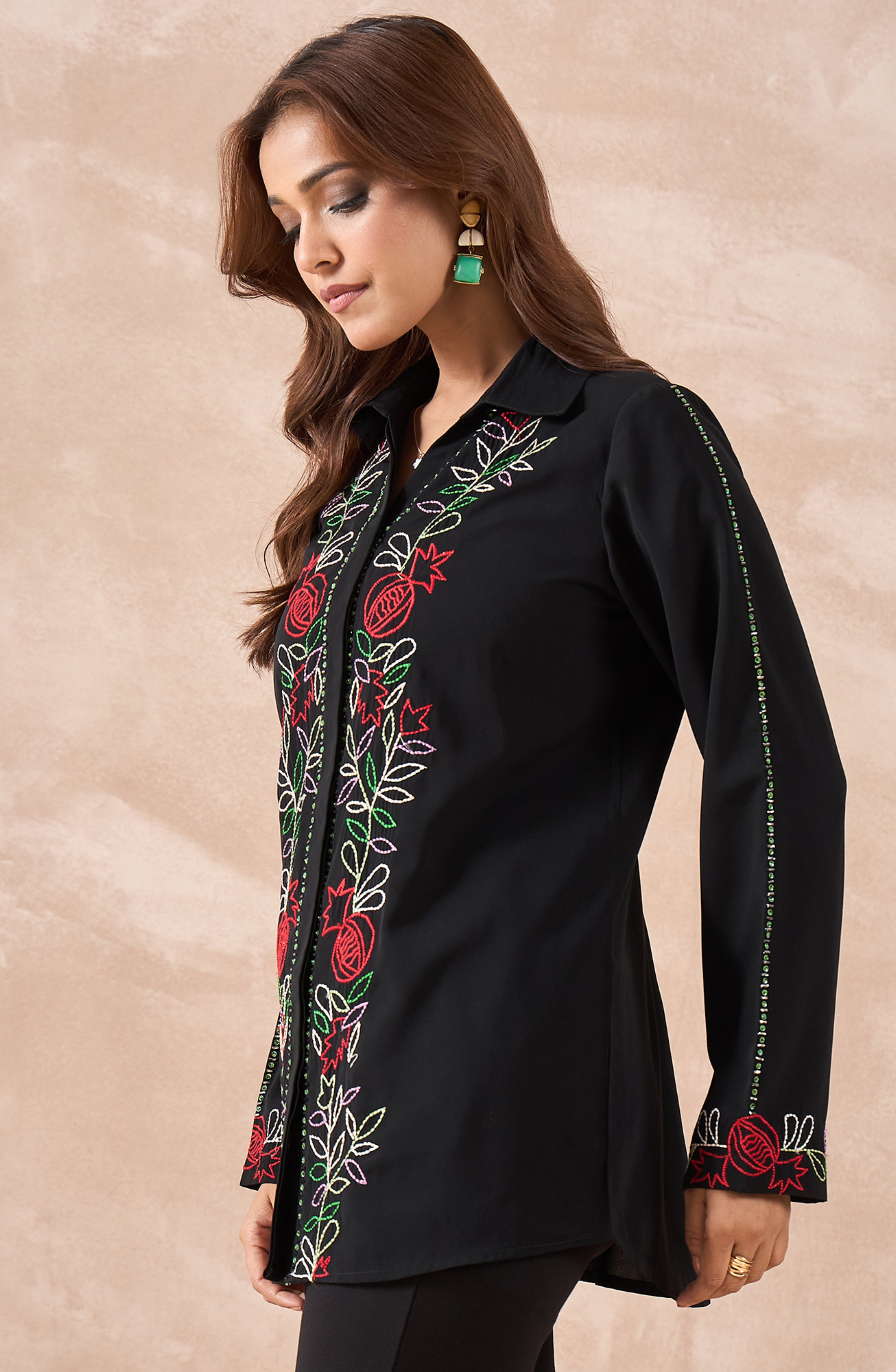 Black Multicolour Botanical Embroidered Shirt