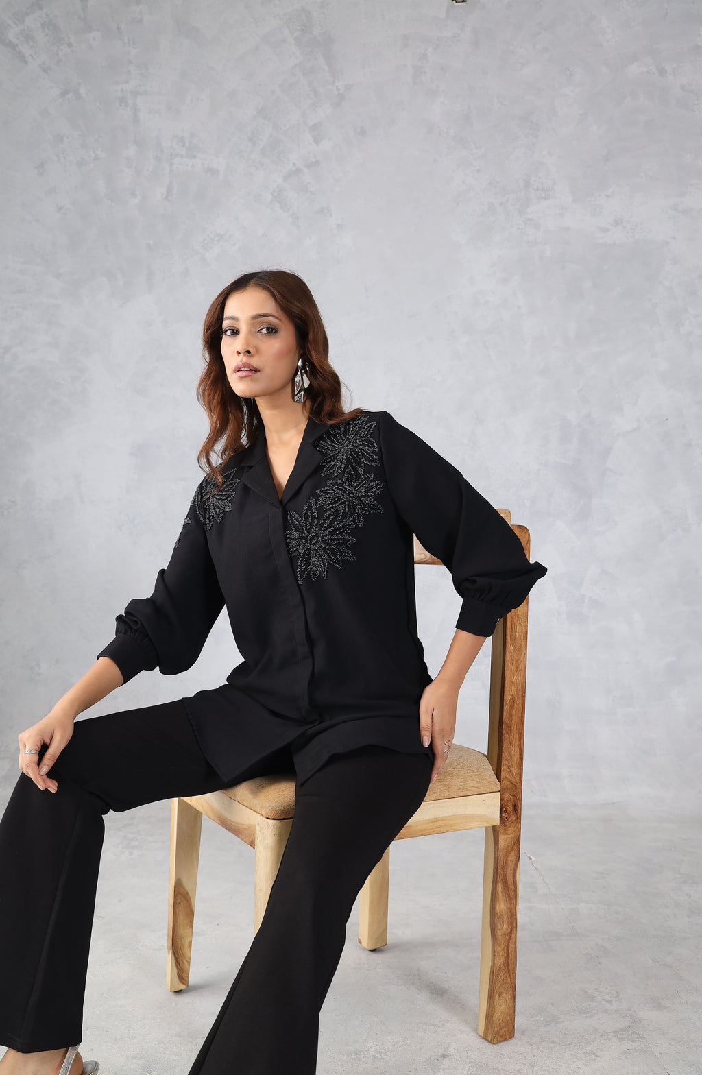 Midnight Bloom Black Floral Embellished Shirt