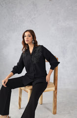 Midnight Bloom Black Floral Embellished Shirt