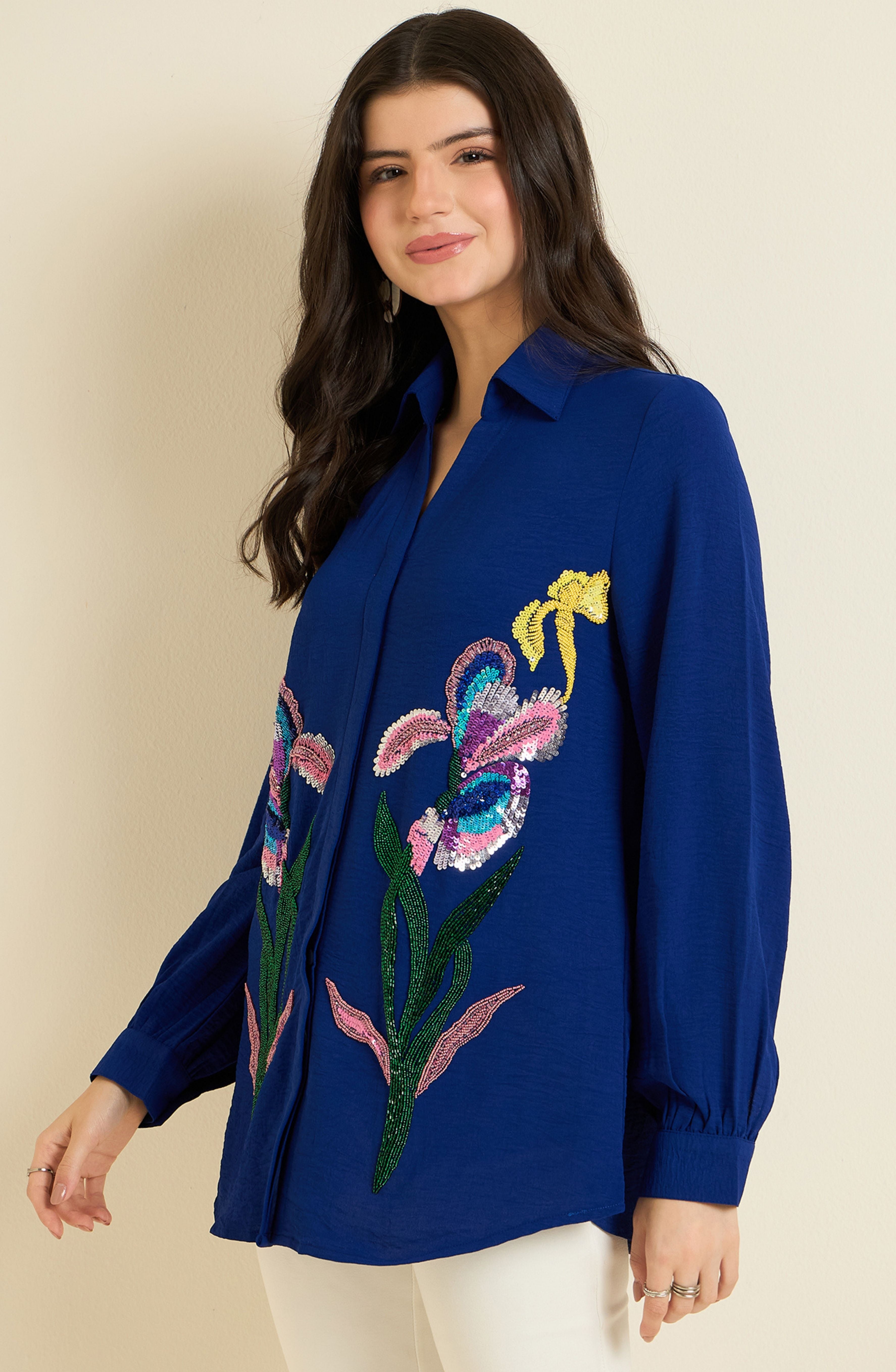 Royal Blue Shirt with Sequin Iris Embroidery
